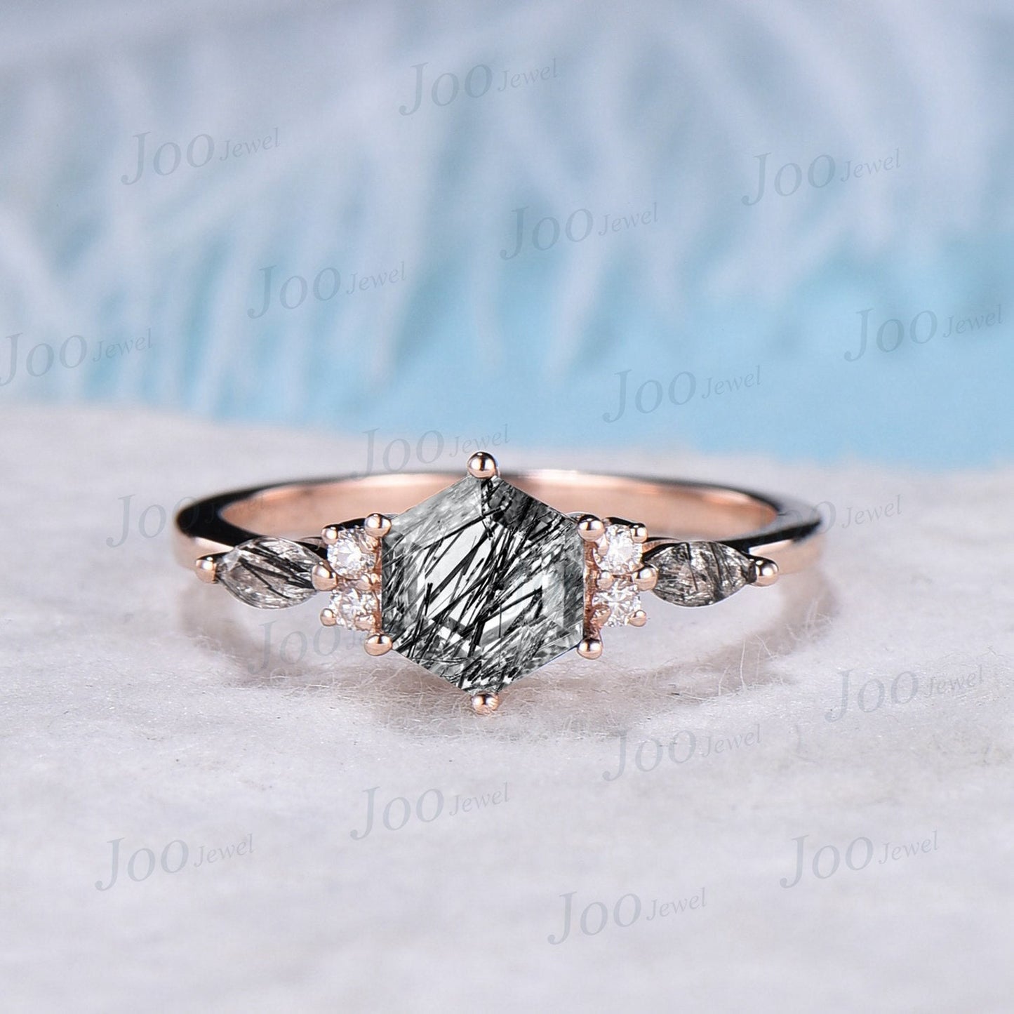 3pcs Hexagon Cut Black Rutilated Quartz Engagement Ring Set Vintage 1ct 10K Rose Gold Black Rutile Crystal Ring Unique Wedding Gift Women