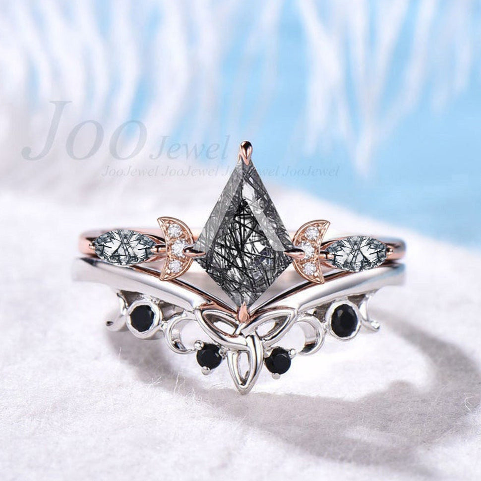 Celestial Engagement Ring Triple Moon Goddess Natural Black Rutilated Quartz Ring Rose Gold Kite Black Wedding Bridal Set Moon Phase Ring