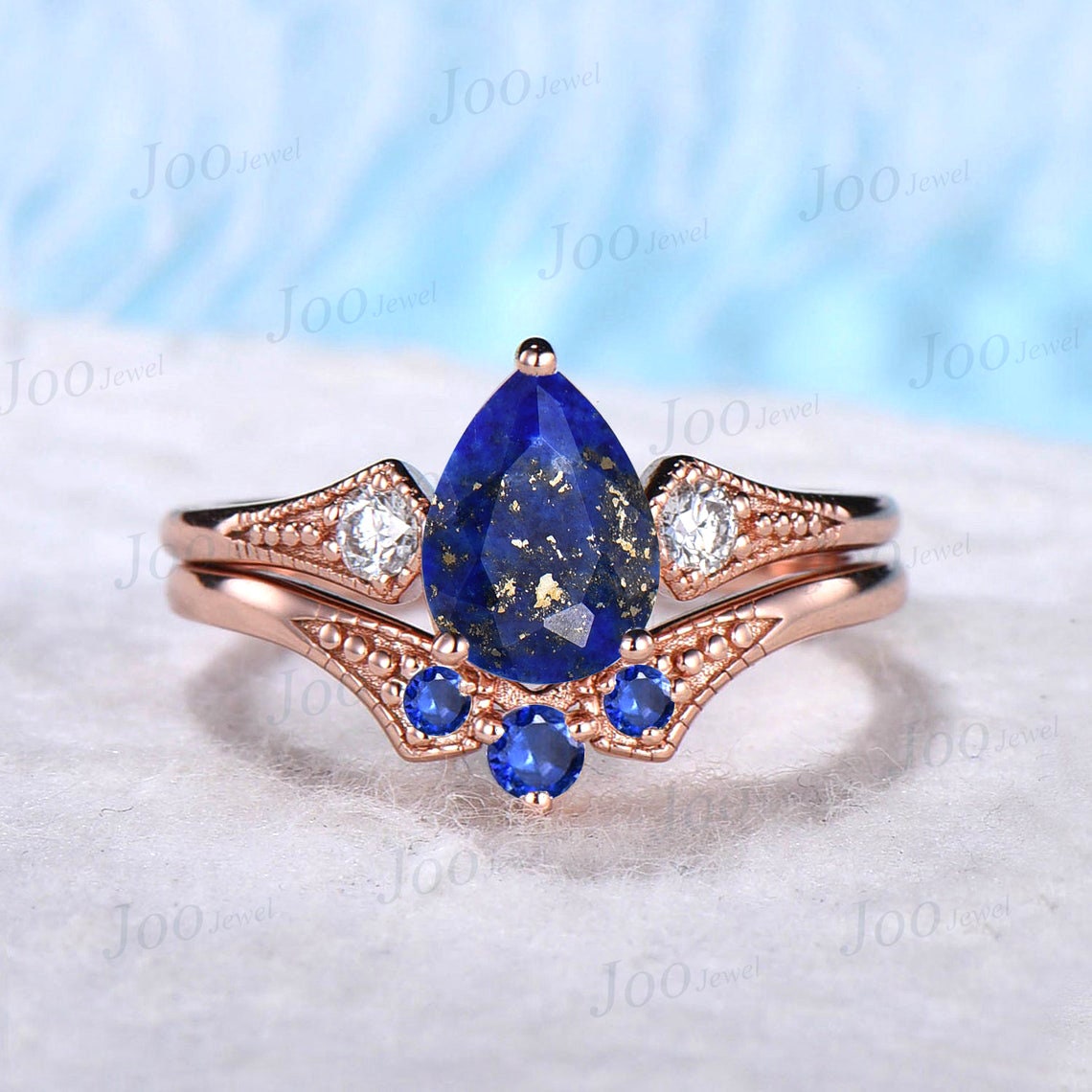 1.25ct Pear Shaped Natural Lapis Lazuli Solitaire Ring Set 14K Rose Gold Blue Sapphire Milgrain Wedding Ring Blue Lapis Jewelry Antique Gift