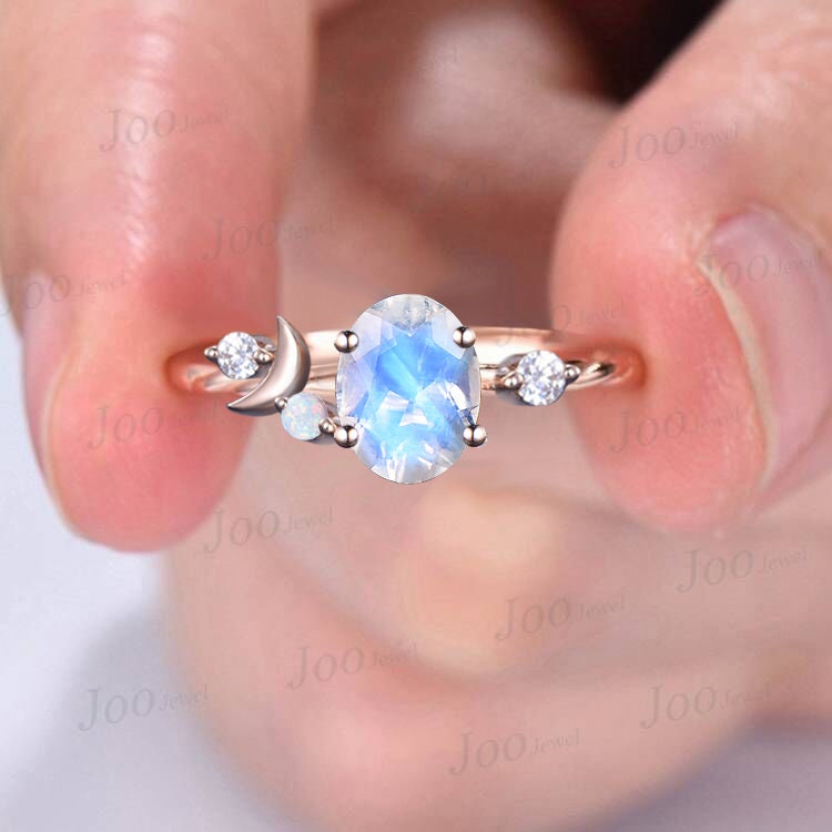 Crescent Moon Goddess Moonstone Ring,Moon of My Life,My Sun and Stars,Moonstone Engagement Ring,Celestial Opal Wedding Ring ,14K Rose Gold