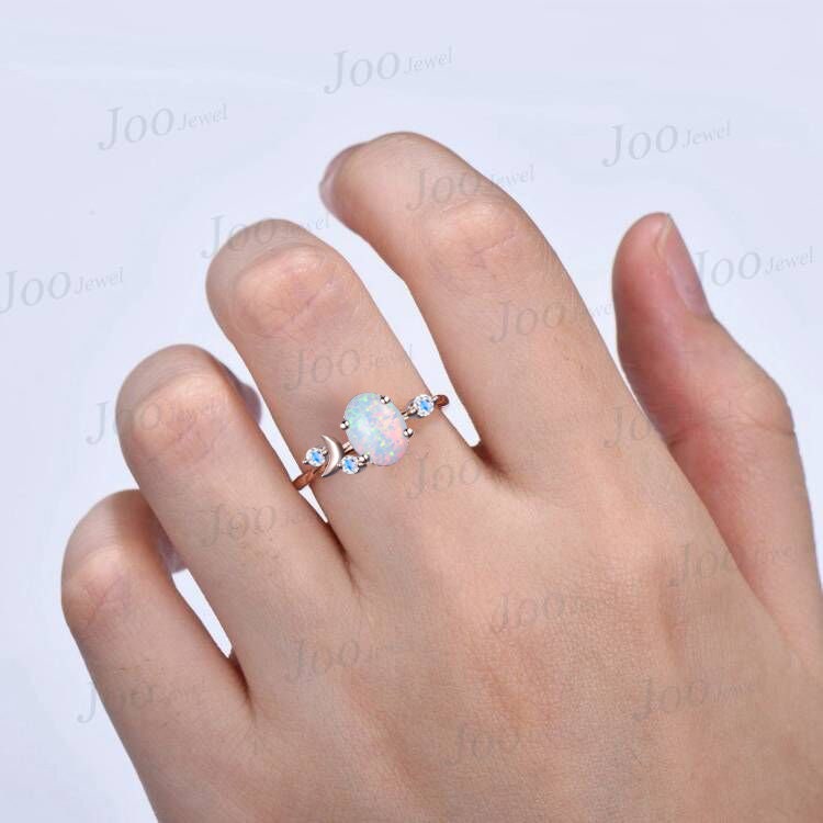 Crescent Moon Ring 10K Rose Gold White Opal Moon Engagement Ring Natural Moonstone Celestial Wedding Ring Moon Phase Moon of My Life Ring