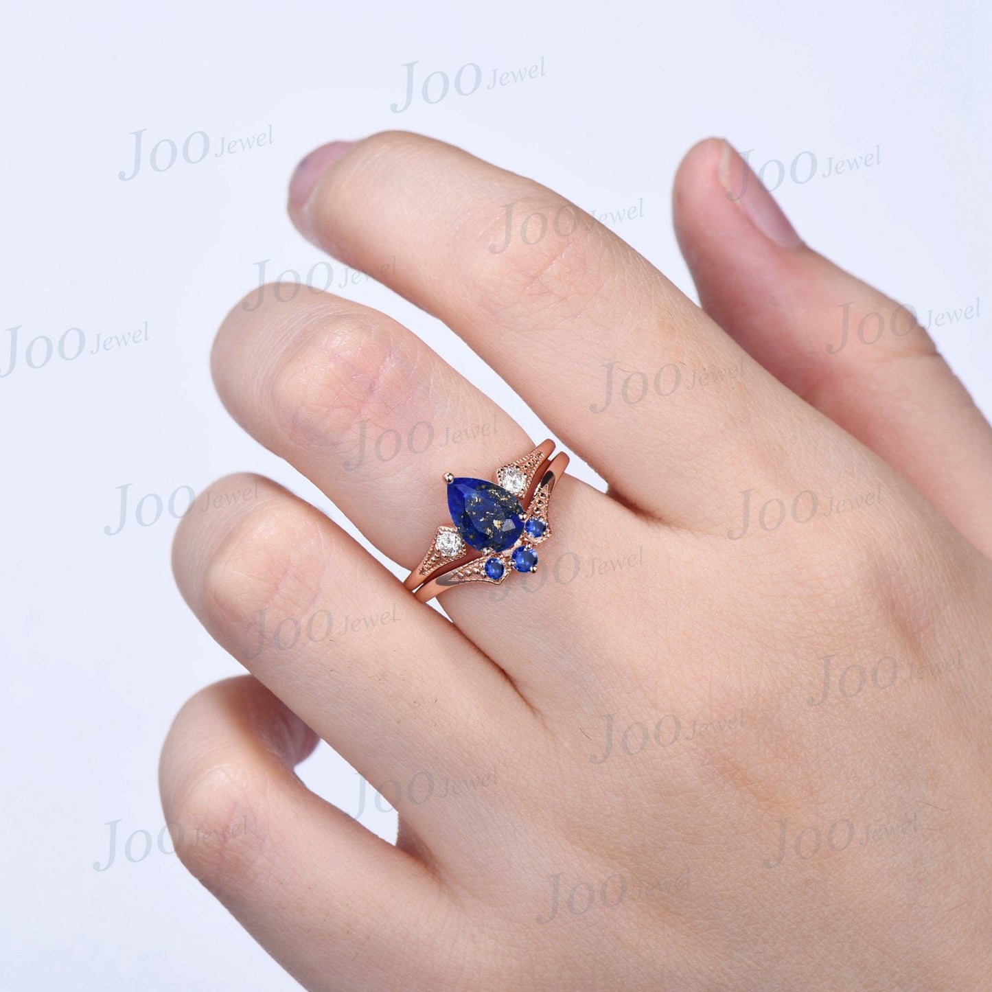 1.25ct Pear Shaped Natural Lapis Lazuli Solitaire Ring Set 14K Rose Gold Blue Sapphire Milgrain Wedding Ring Blue Lapis Jewelry Antique Gift