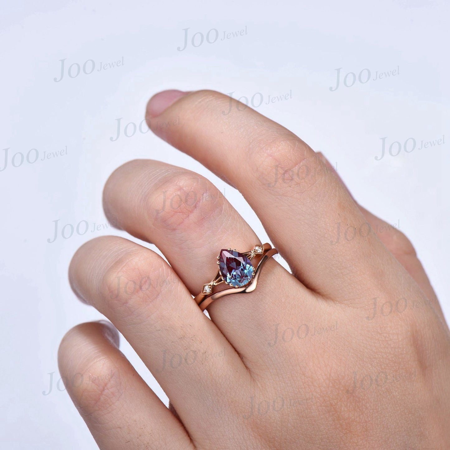 1.25ct Pear Shaped Alexandrite Ring Set Moissanite Ring Plain Curve Wedding Band Alexandrite Wedding Band June Birthstone Engagement Ring