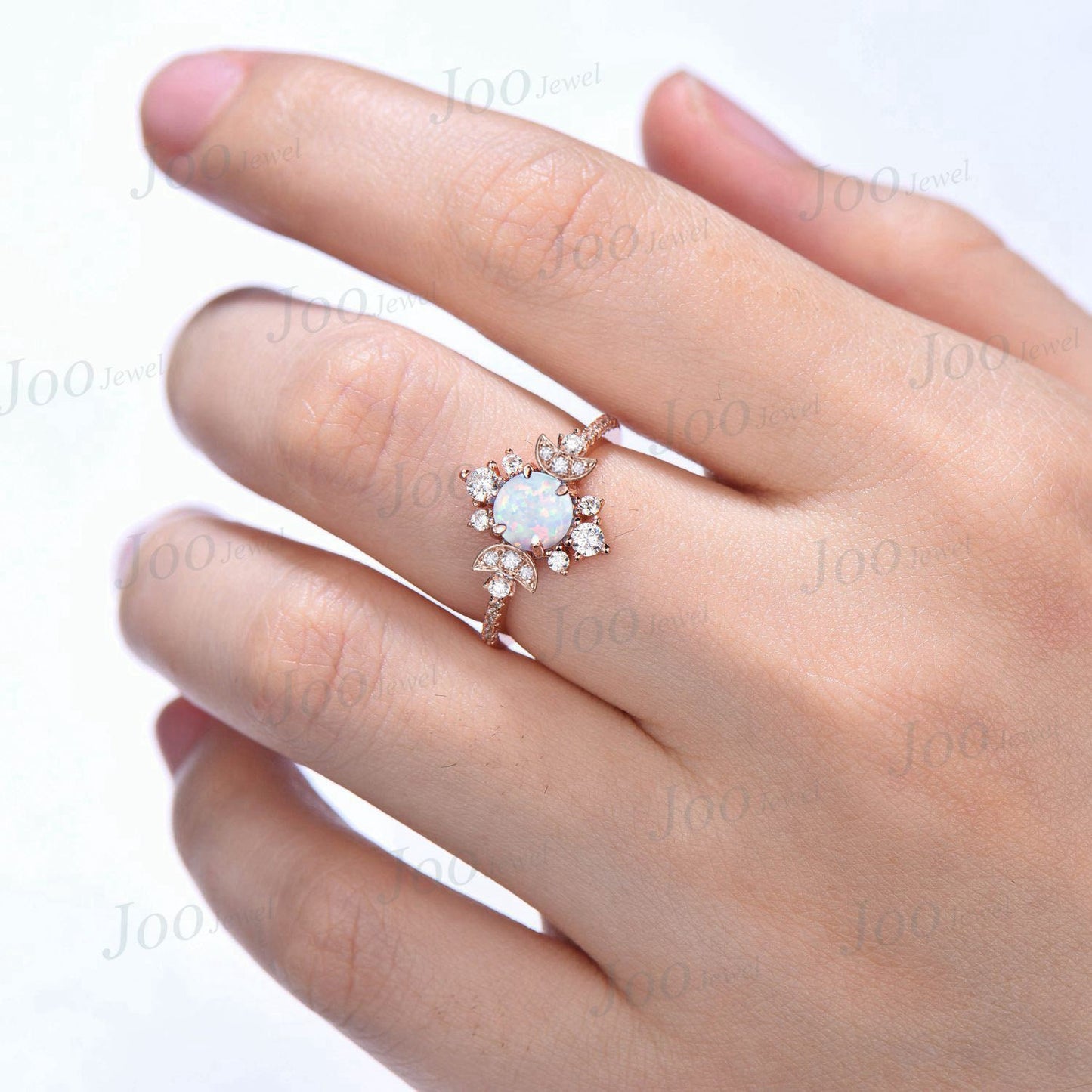 Celestial Opal Engagement Ring Crescent Moon Ring Round Cut Opal Engagement Ring Women Moissanite Wedding Ring Promise Ring Moon Phase Ring