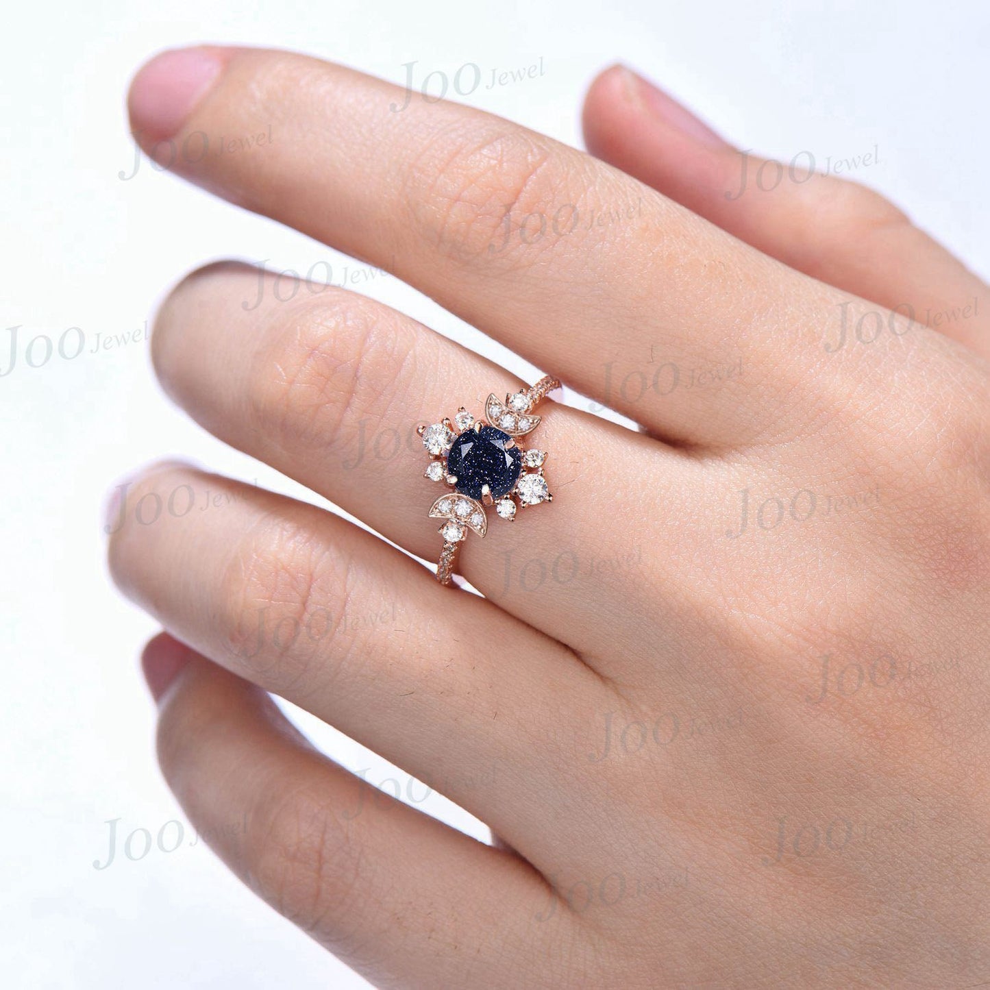 Moon Engagement Ring 10K Rose Gold Starry Sky Galaxy Blue Sandstone Ring Vintage Cluster Moissanite Ring Blue Wedding Ring Celestial Jewelry