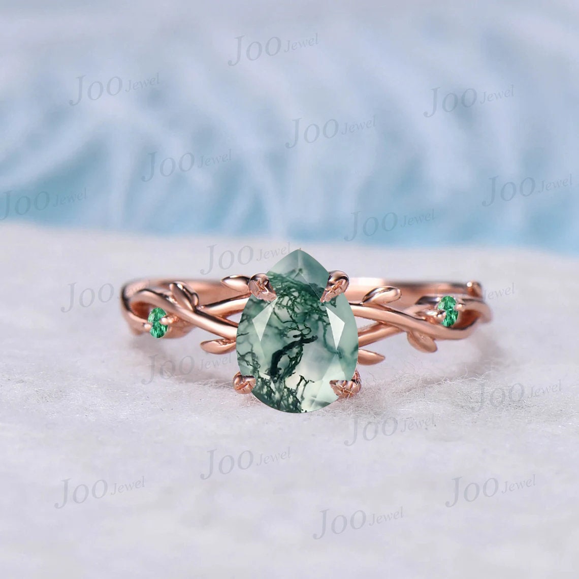 Twig Twist Moss Agate Ring 1.25ct Pear Cut Moss Agate Engagement Ring Set Moissanite Emerald Branch Nature Inspired Aquatic Agate Bridal Set