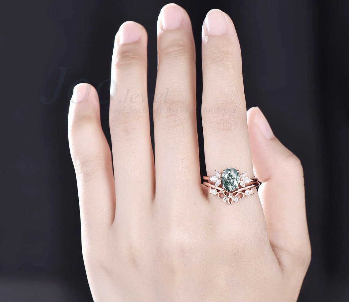 Vintage moss agate ring set oval cut moss agate engagement ring set art deco rose gold silver Celtic Knot ring band moissanite wedding set