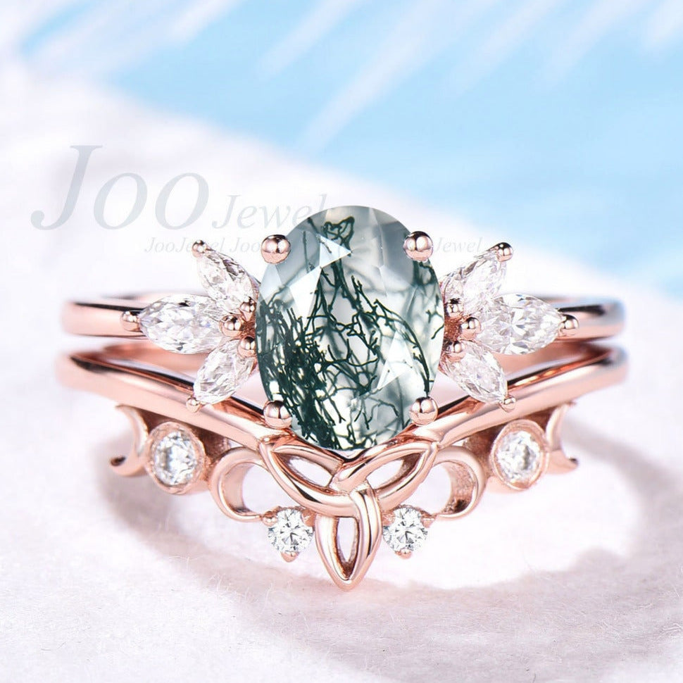 Vintage moss agate ring set oval cut moss agate engagement ring set art deco rose gold silver Celtic Knot ring band moissanite wedding set