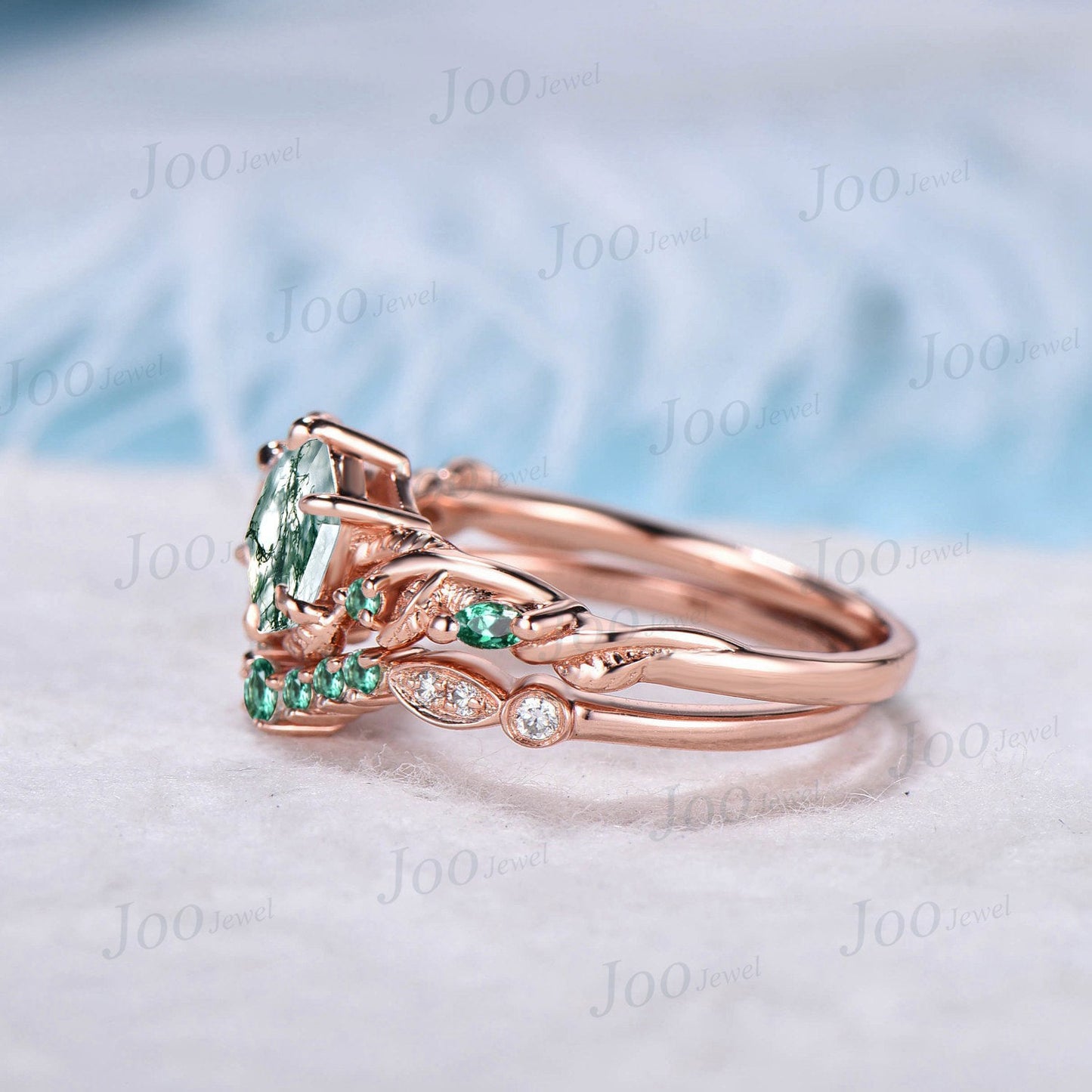 1ct Branch Leaves Natural Moss Agate Ring Set Nature Inspired Moss Agate Ring Set Unique Emerald Leaf Engagement Ring Handmade Propose Gifts