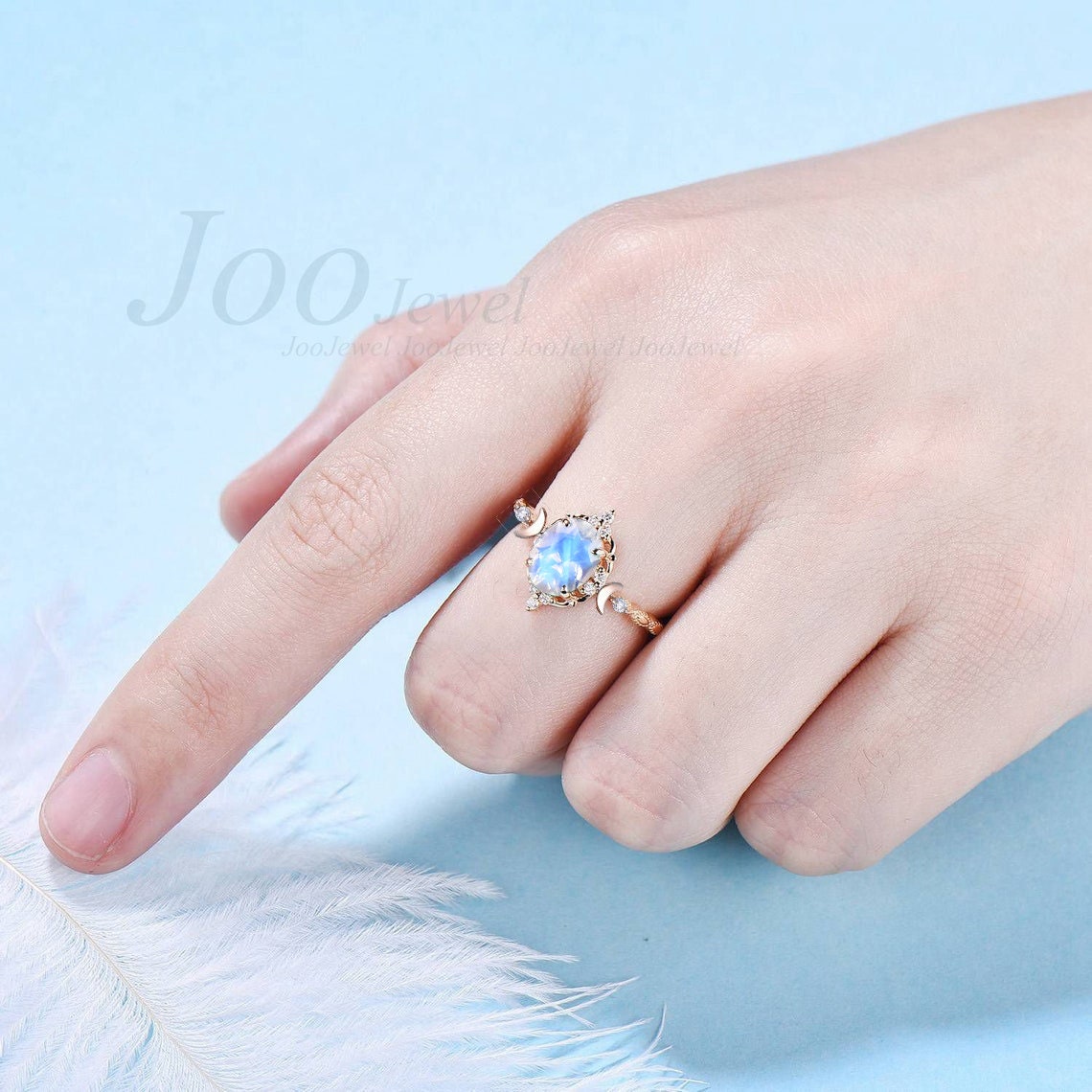 Moon Engagement Ring Oval Cut Moonstone Engagement Ring 10K Yellow Gold Vintage Lace Milgrain Ring Unique Triple Moon Goddess Celestial Ring