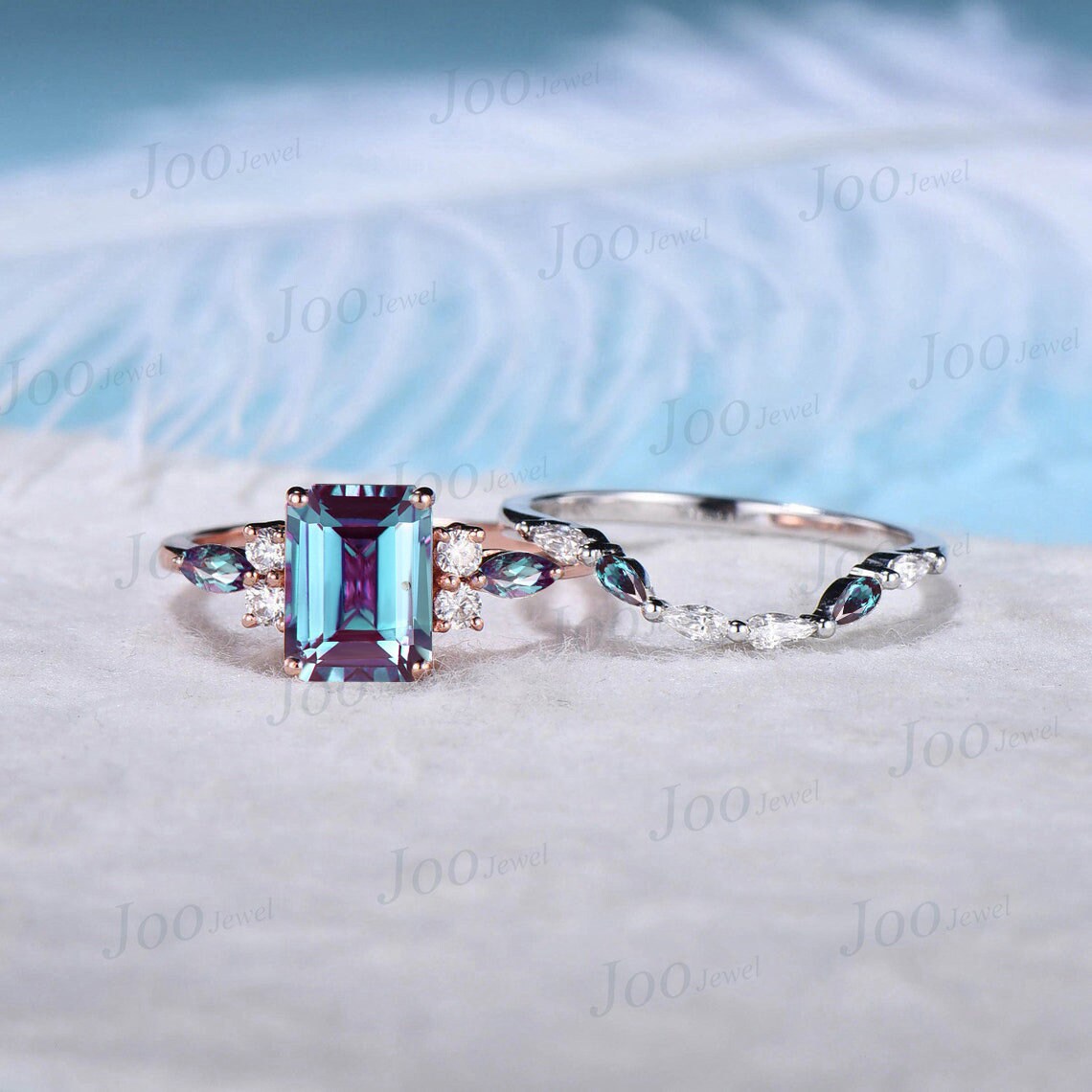 2ct Emerald Cut Alexandrite Ring Set Vintage Alexandrite Moissanite Wedding Band Unique Promise Ring Personalized June Birthstone Ring Gift