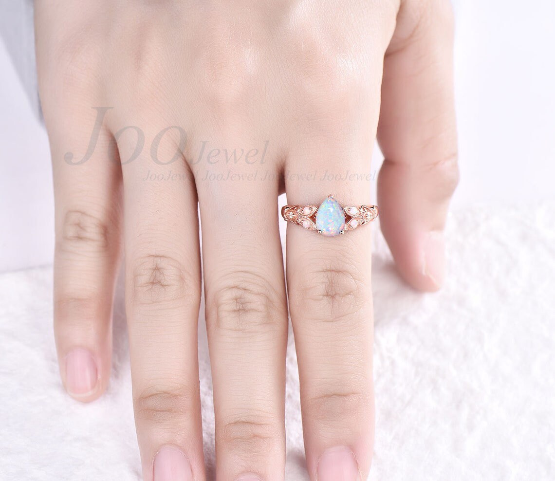 Nature Inspired 1.25ct Pear Shaped White Opal Engagement Ring 14K Rose Gold Milgrain Vintage Flower Leaf Branch Opal Wedding Ring For Women