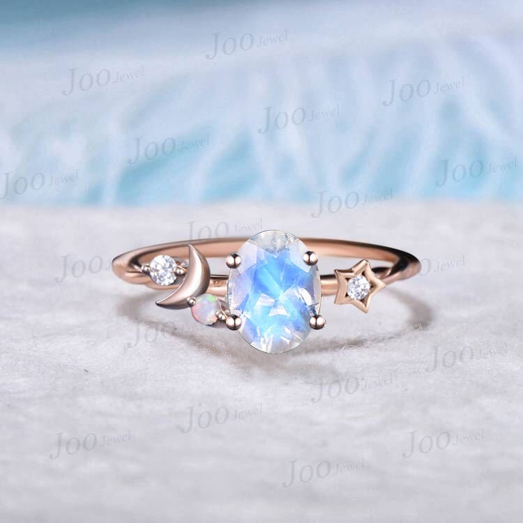 1.5ct Oval Cut Natural Rainbow Moonstone Moon Engagement Rings Moon Star Opal Wedding Ring Crescent Moon Moissanite Ring Anniversary Gifts