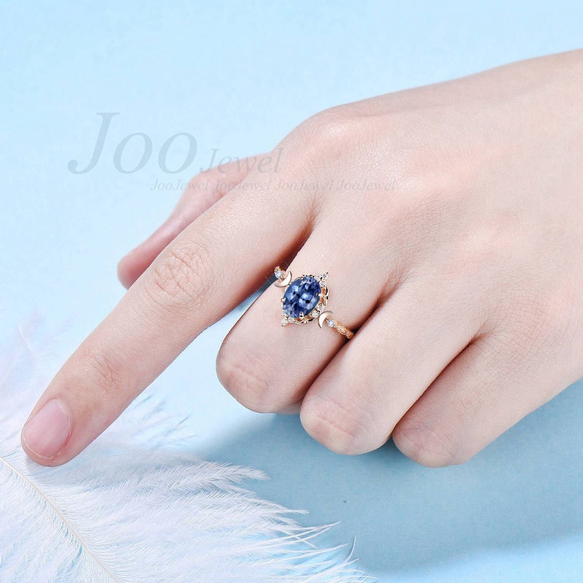 Moon Engagement Ring Oval Real Tanzanite Engagement Ring 10K Yellow Gold Vintage Lace Milgrain Moissanite Ring Celestial Moon Tanzanite Ring