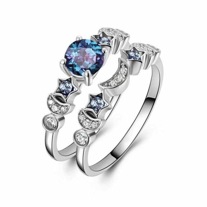 Sterling Silver 1ct Round Color-Change Alexandrite Bridal Set Alexandrite Moon Star Wedding Ring June Birthstone Promise Ring Platinum Ring