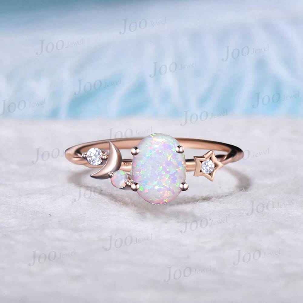 Unique Moon Star Engagement Ring 1.5ct Oval Cut White Opal Wedding Ring 10K Rose Gold Moissanite Opal Celestial Promise Ring Half Moon Ring