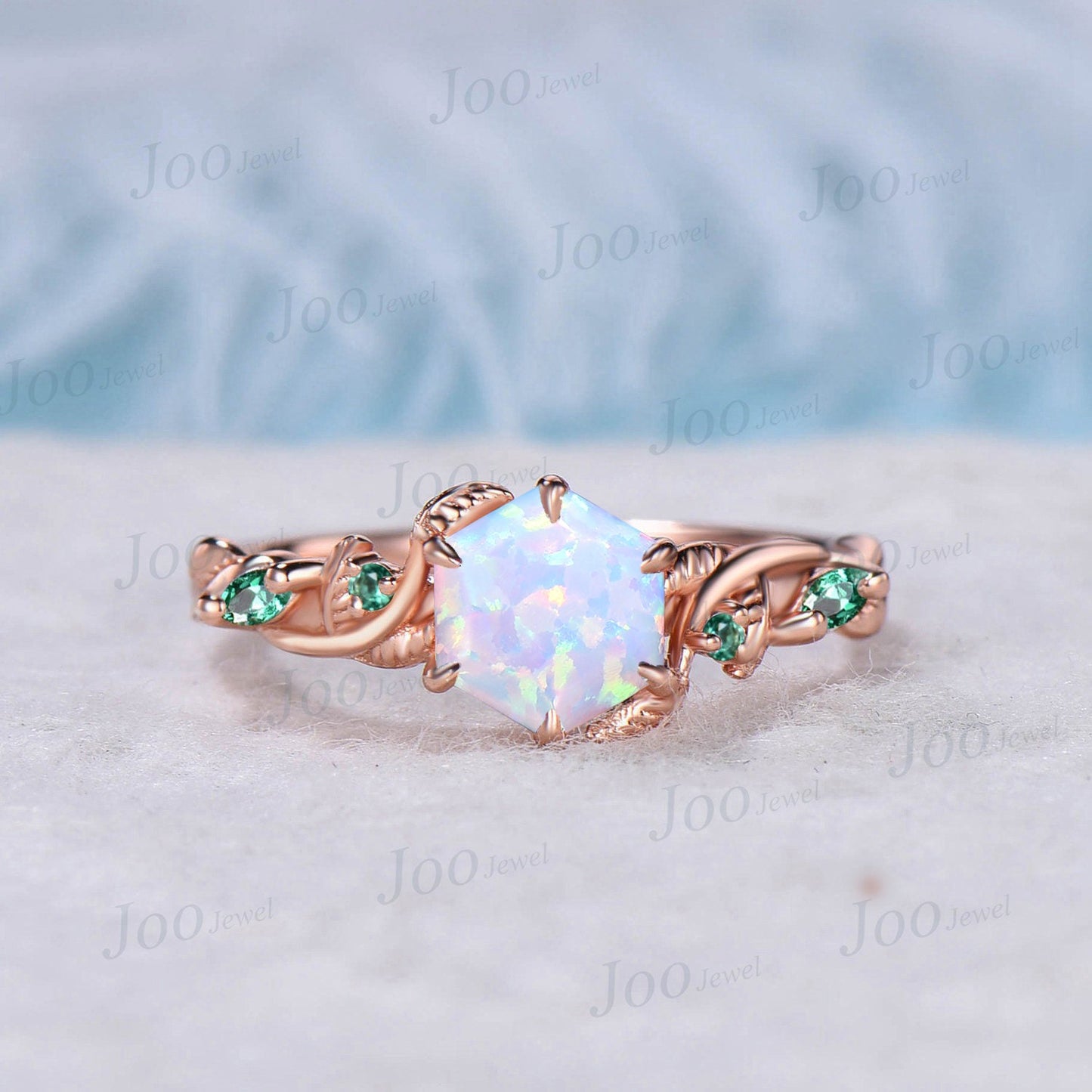 Nature Inspired Twig Opal Ring Set 10K Rose Gold Hexagon Opal Branch Engagement Ring Emerald Wedding Ring October Birthstone Birthday Gifts