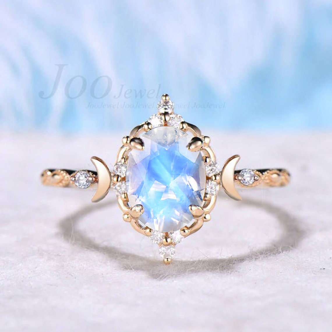 Moon Engagement Ring Oval Cut Moonstone Engagement Ring 10K Yellow Gold Vintage Lace Milgrain Ring Unique Triple Moon Goddess Celestial Ring