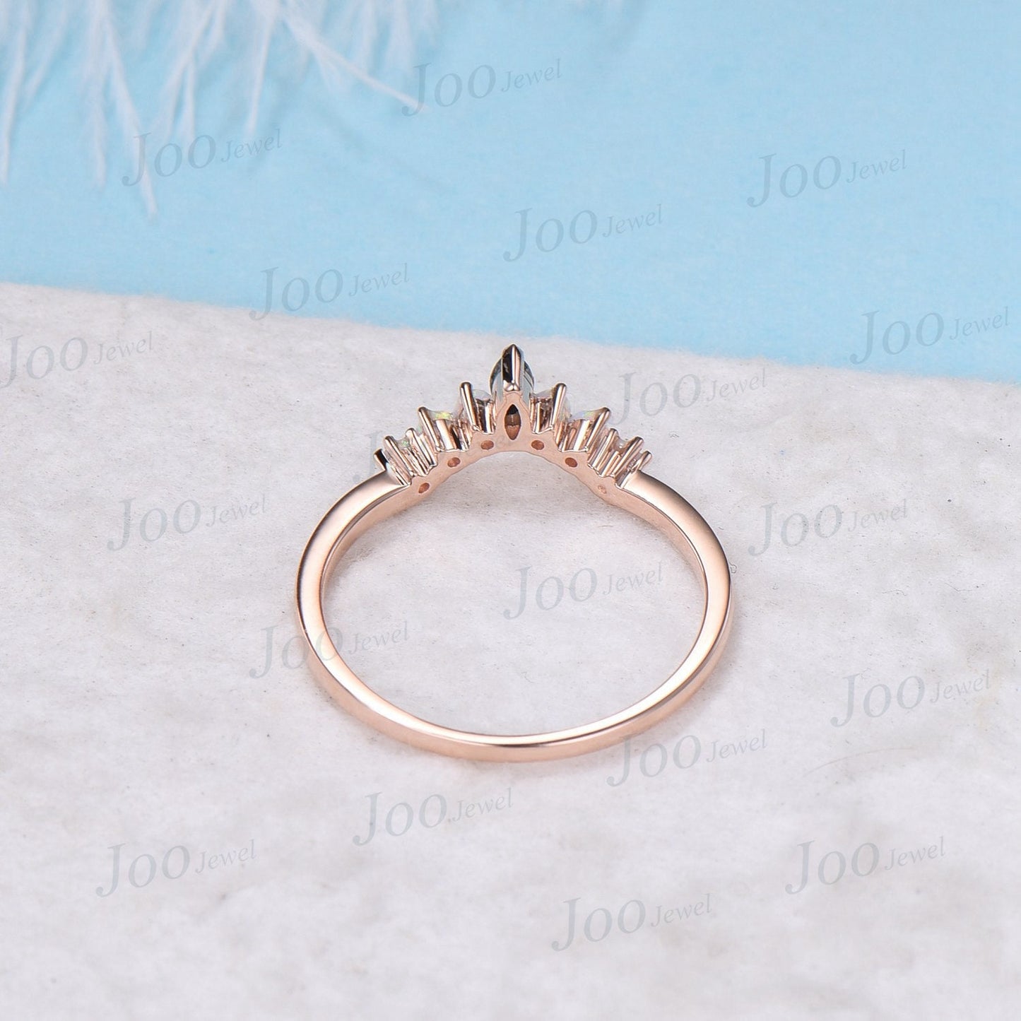 Marquise Curved Wedding Band Rose Gold Opal Moss Agate Wedding Band Unique Vintage Moss Agate Stacking Matching Wedding Bridal Gift For Her