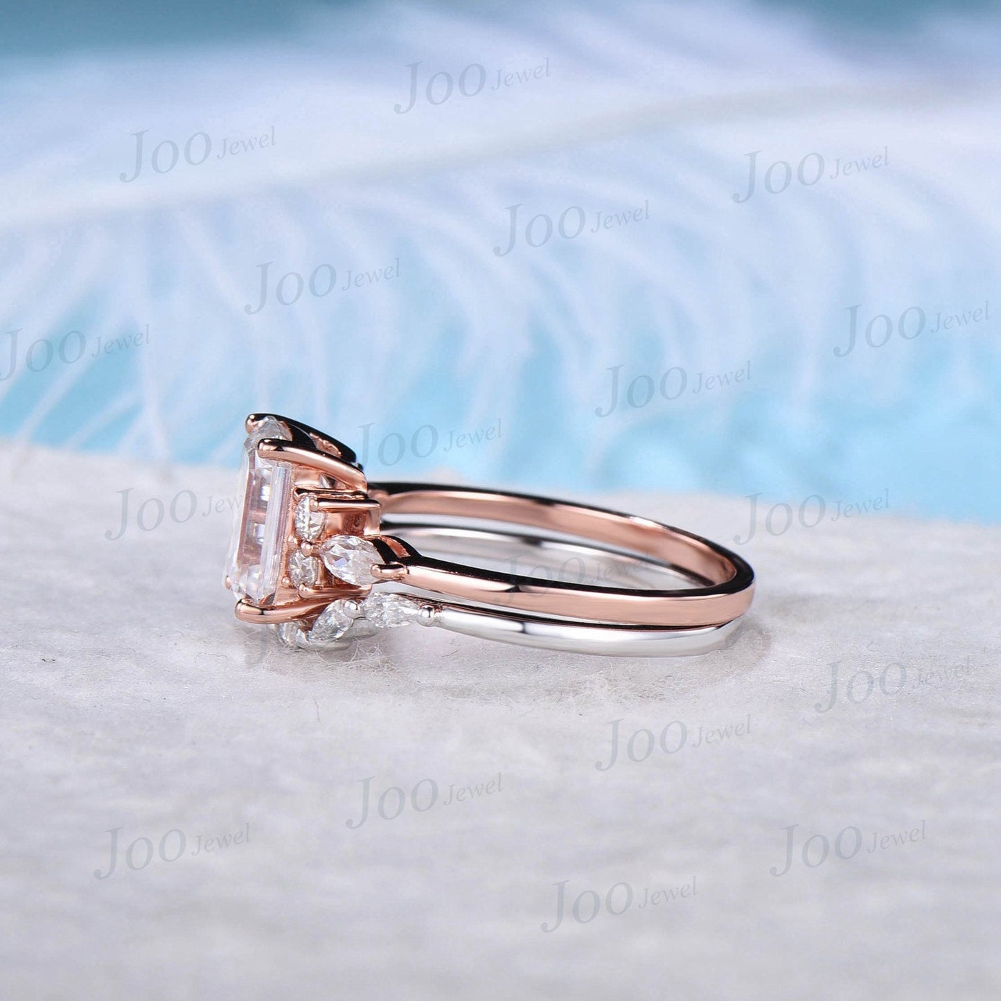 Emerald Cut Moissanite Engagement Ring Set Vintage Unique Moissanite Bridal Set 10K Rose Gold Cluster Diamond Wedding Ring Pear Curved Band