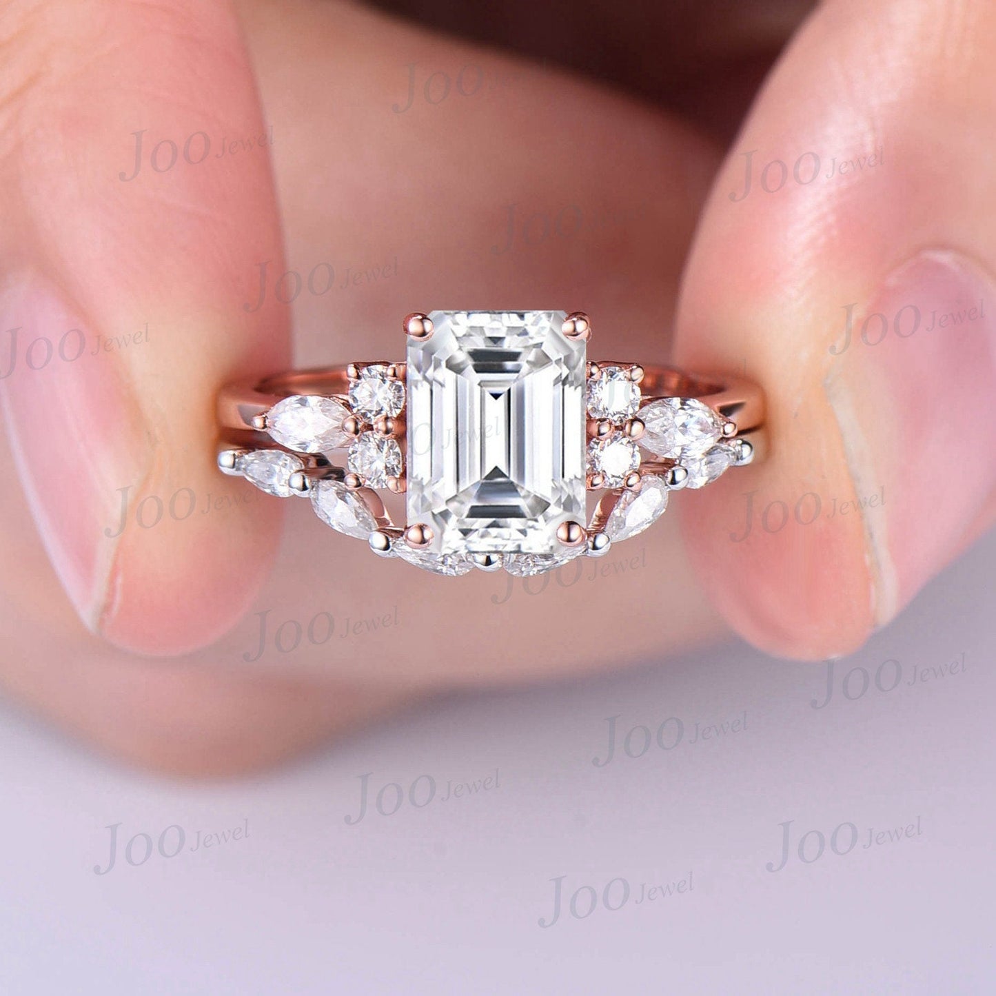 Emerald Cut Moissanite Engagement Ring Set Vintage Unique Moissanite Bridal Set 10K Rose Gold Cluster Diamond Wedding Ring Pear Curved Band