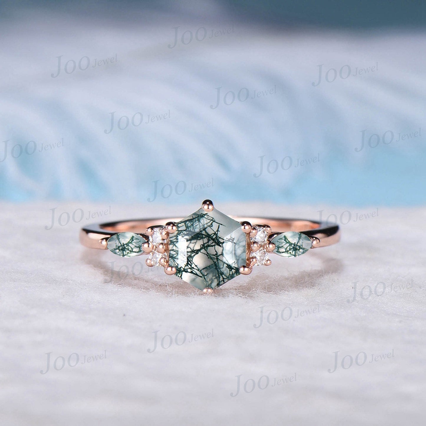 1.5ct Oval Cut Natural Moss Agate Engagement Rings Rose Gold Silver Cluster Aquatic Agate Promise Ring Marquise Moss Moissanite Wedding Ring