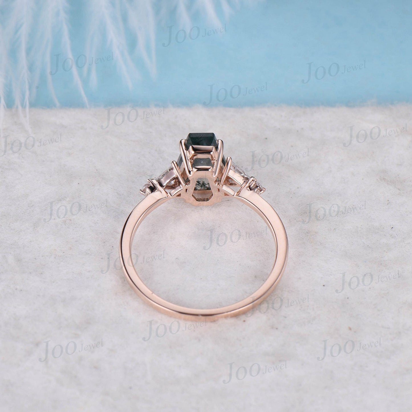 Coffin Cut Natural Moss Agate Ring Gold Silver Unique Long Hexagon Engagement Rings Moissanite Wedding Ring Coffin Jewelry Anniversary Gift