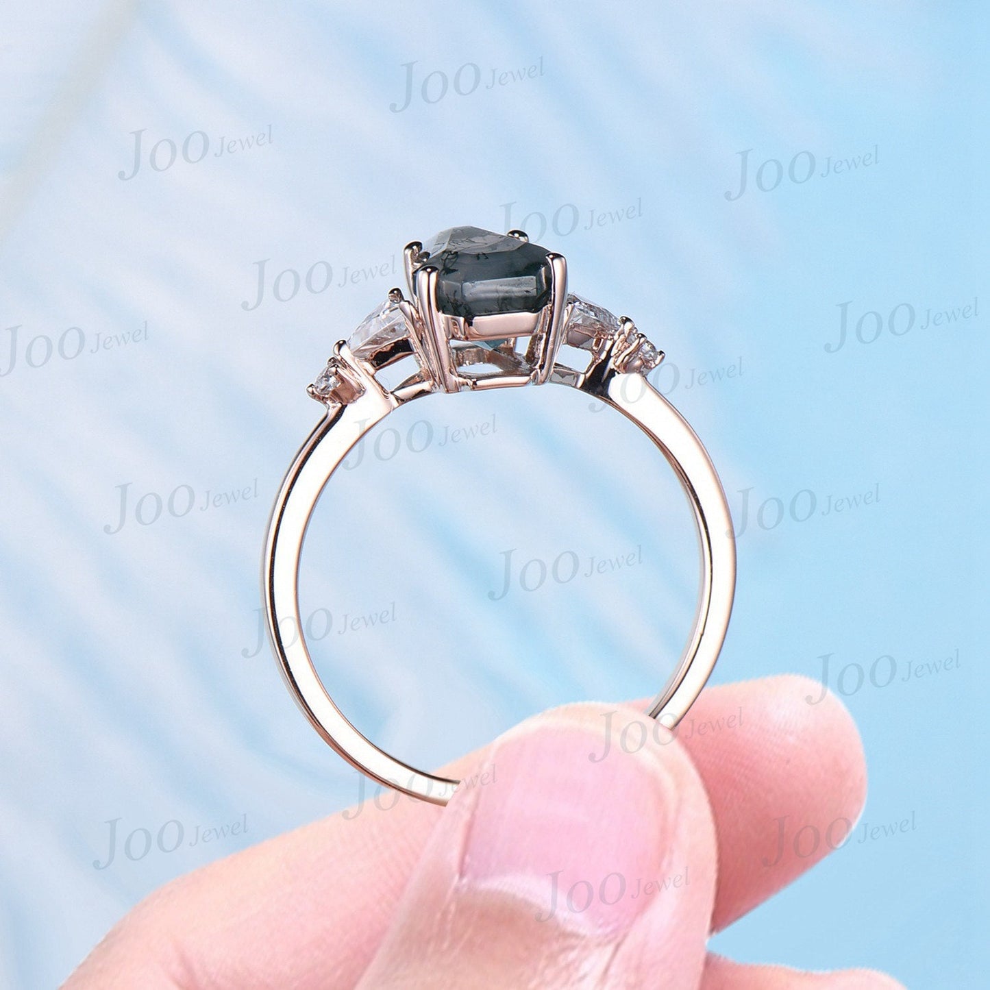 Coffin Cut Natural Moss Agate Ring Gold Silver Unique Long Hexagon Engagement Rings Moissanite Wedding Ring Coffin Jewelry Anniversary Gift
