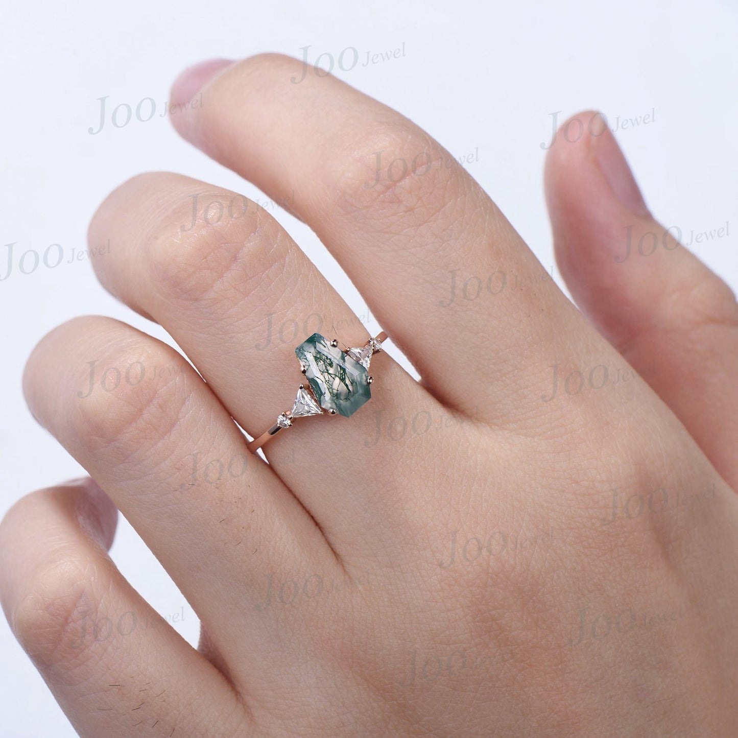 Coffin Cut Natural Moss Agate Ring Gold Silver Unique Long Hexagon Engagement Rings Moissanite Wedding Ring Coffin Jewelry Anniversary Gift