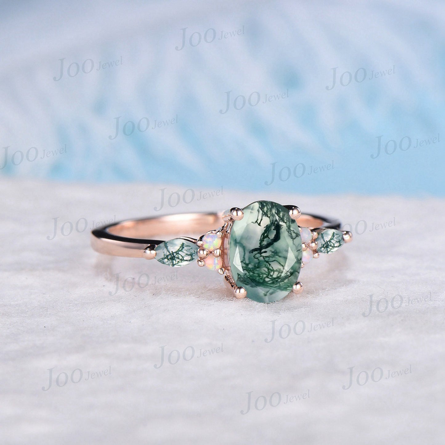 Opal Moss Agate Engagement Rings Rose Gold Silver 1.5ct Oval Cut Cluster Aquatic Agate Promise Ring Unique Marquise Moss Agate Wedding Ring