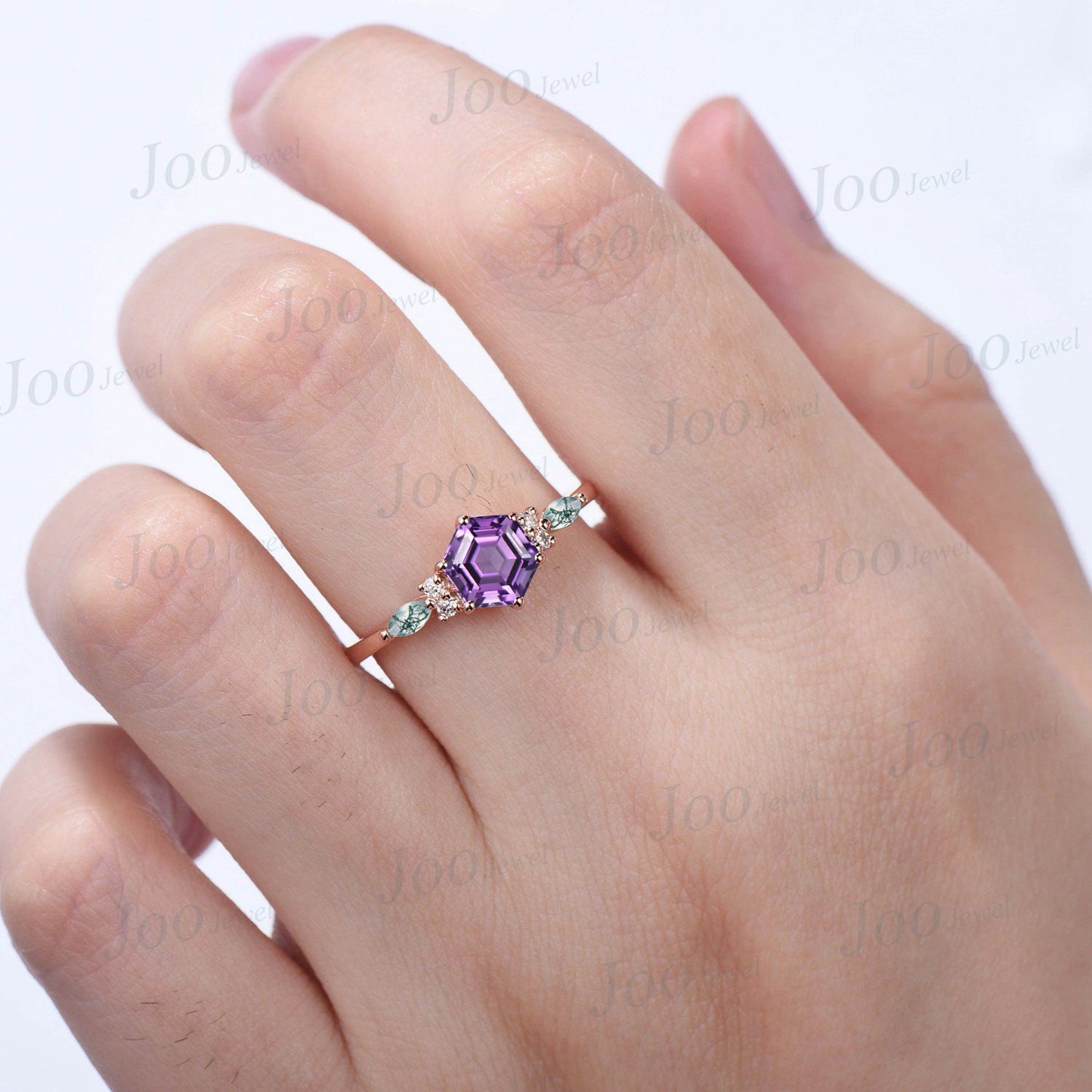 Unique Natural Amethyst Promise Ring Rose Gold Hexagon Amethyst Engagement Ring Moss Agate Wedding Ring Bridal Anniversary Ring Gift Women