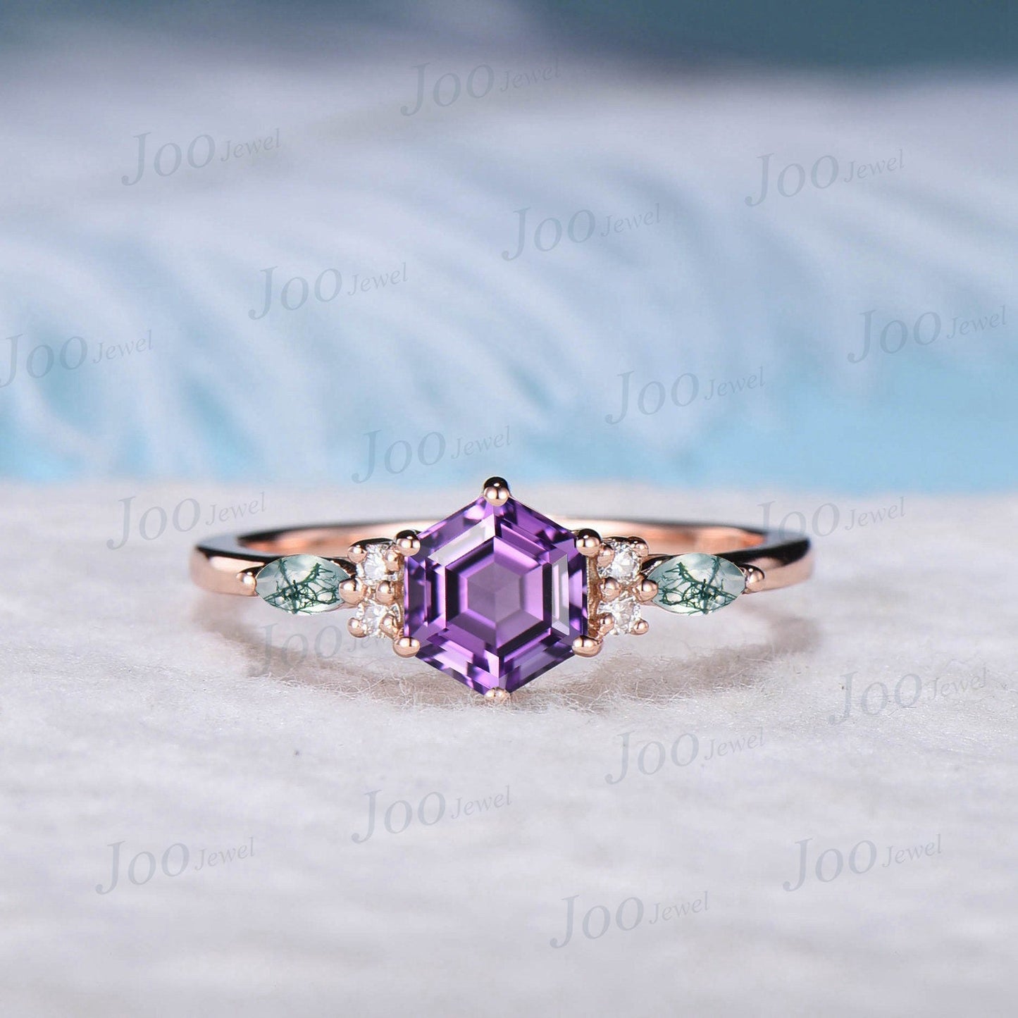 Unique Natural Amethyst Promise Ring Rose Gold Hexagon Amethyst Engagement Ring Moss Agate Wedding Ring Bridal Anniversary Ring Gift Women