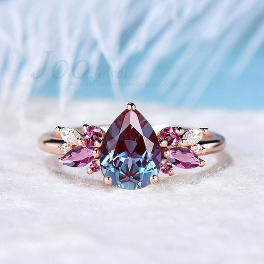 Cluster Engagement Ring 1.25ct Pear Shaped Color-Change Alexandrite Ring Vintage Pink Tourmaline Ring Personalized Birthday Anniversary Gift