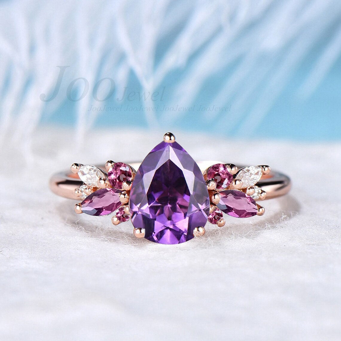 Cluster Engagement Ring 1.25ct Pear Shaped Natural Purple Amethyst Ring Vintage Pink Tourmaline Ring Personalized Birthday Anniversary Gift