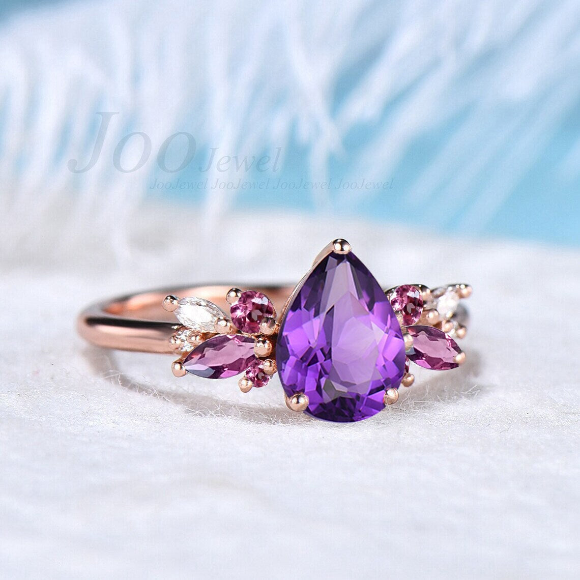 Cluster Engagement Ring 1.25ct Pear Shaped Natural Purple Amethyst Ring Vintage Pink Tourmaline Ring Personalized Birthday Anniversary Gift