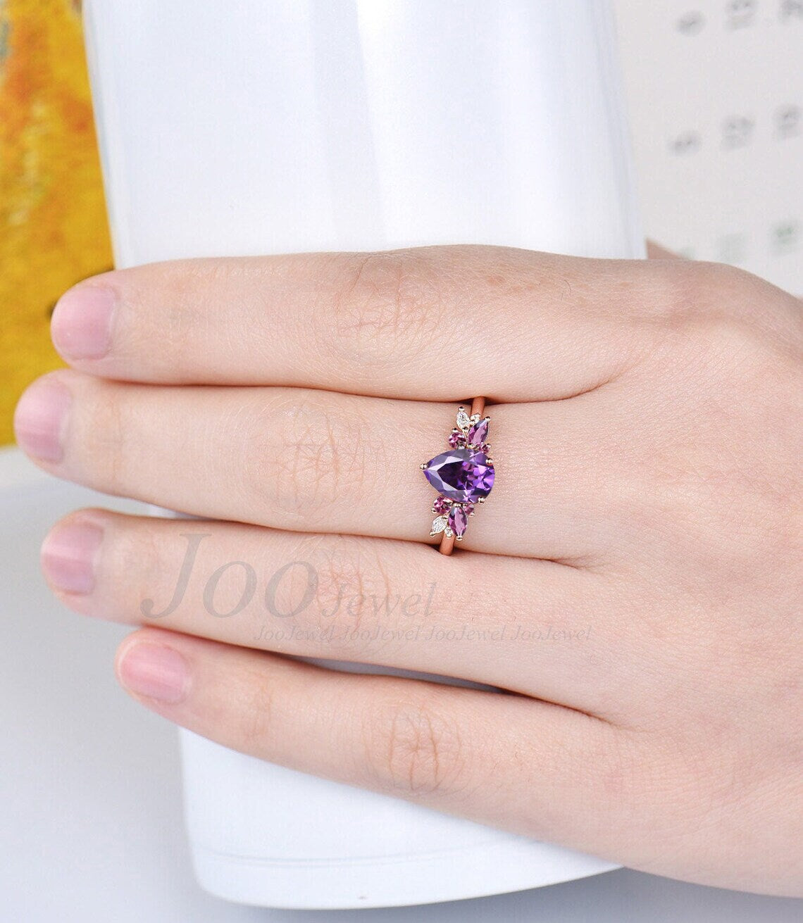 Cluster Engagement Ring 1.25ct Pear Shaped Natural Purple Amethyst Ring Vintage Pink Tourmaline Ring Personalized Birthday Anniversary Gift