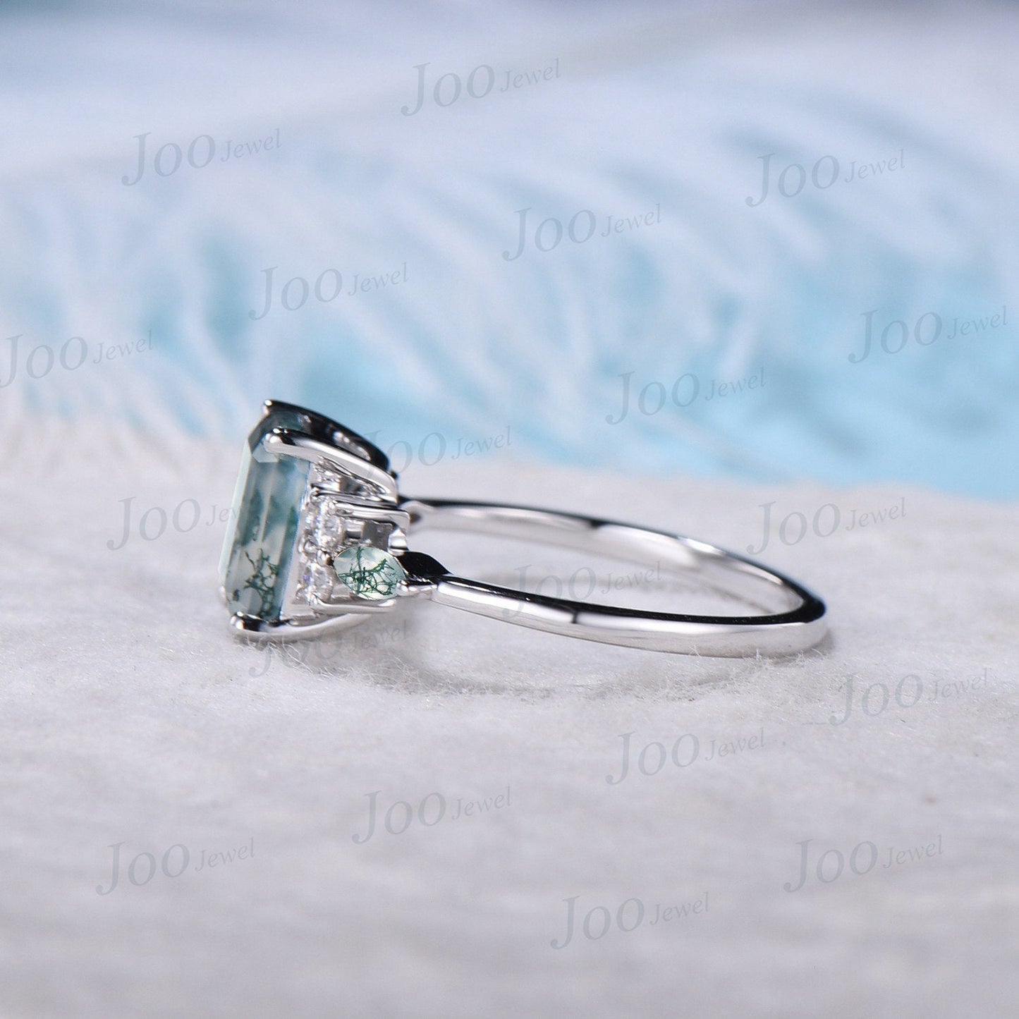 2ct Emerald Cut Natural Moss Agate Engagement Rings Platinum Ring Cluster Aquatic Agate Promise Ring Marquise Moss Moissanite Wedding Ring