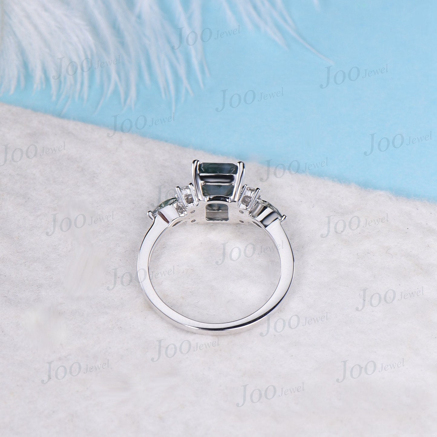 2ct Emerald Cut Natural Moss Agate Engagement Rings Platinum Ring Cluster Aquatic Agate Promise Ring Marquise Moss Moissanite Wedding Ring