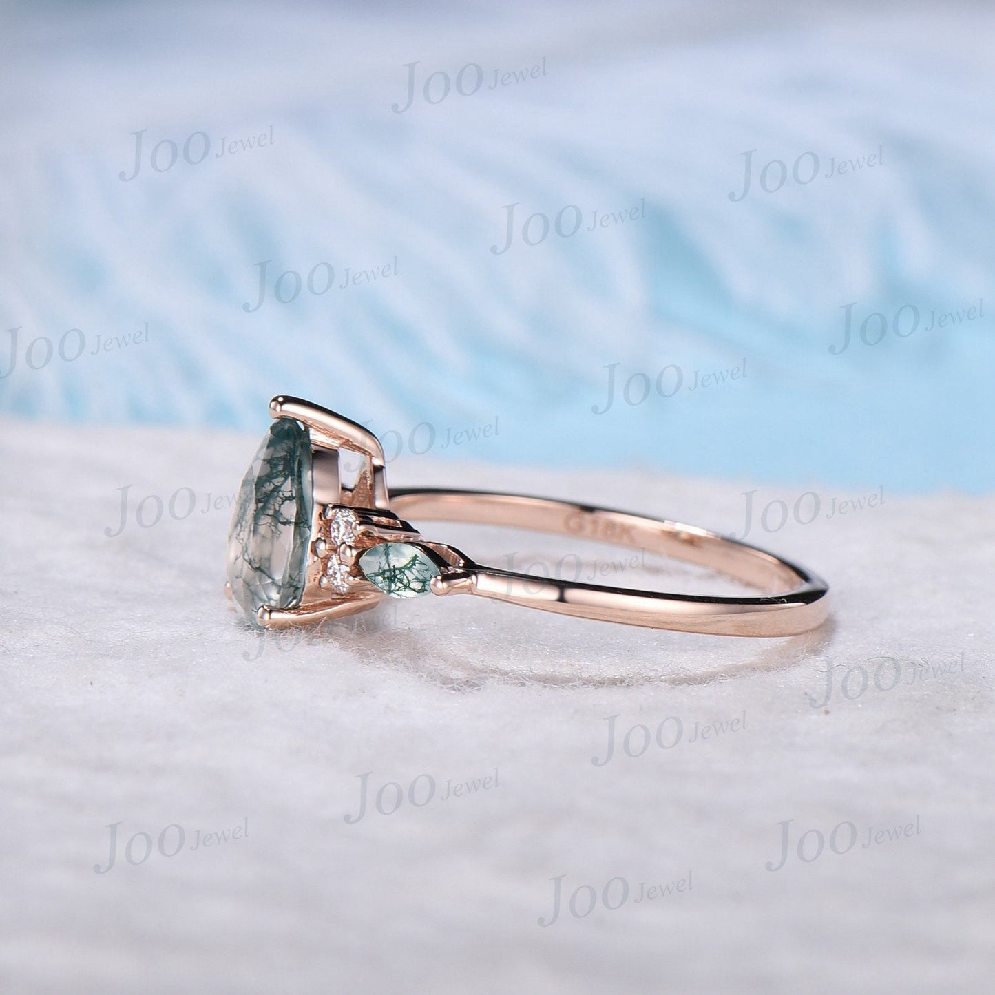 Unique 1.25ct Natural Moss Agate Ring Rose Gold Pear Cut Moss Agate Engagement Ring Green Agate Promise Ring Moissanite Wedding Ring Women