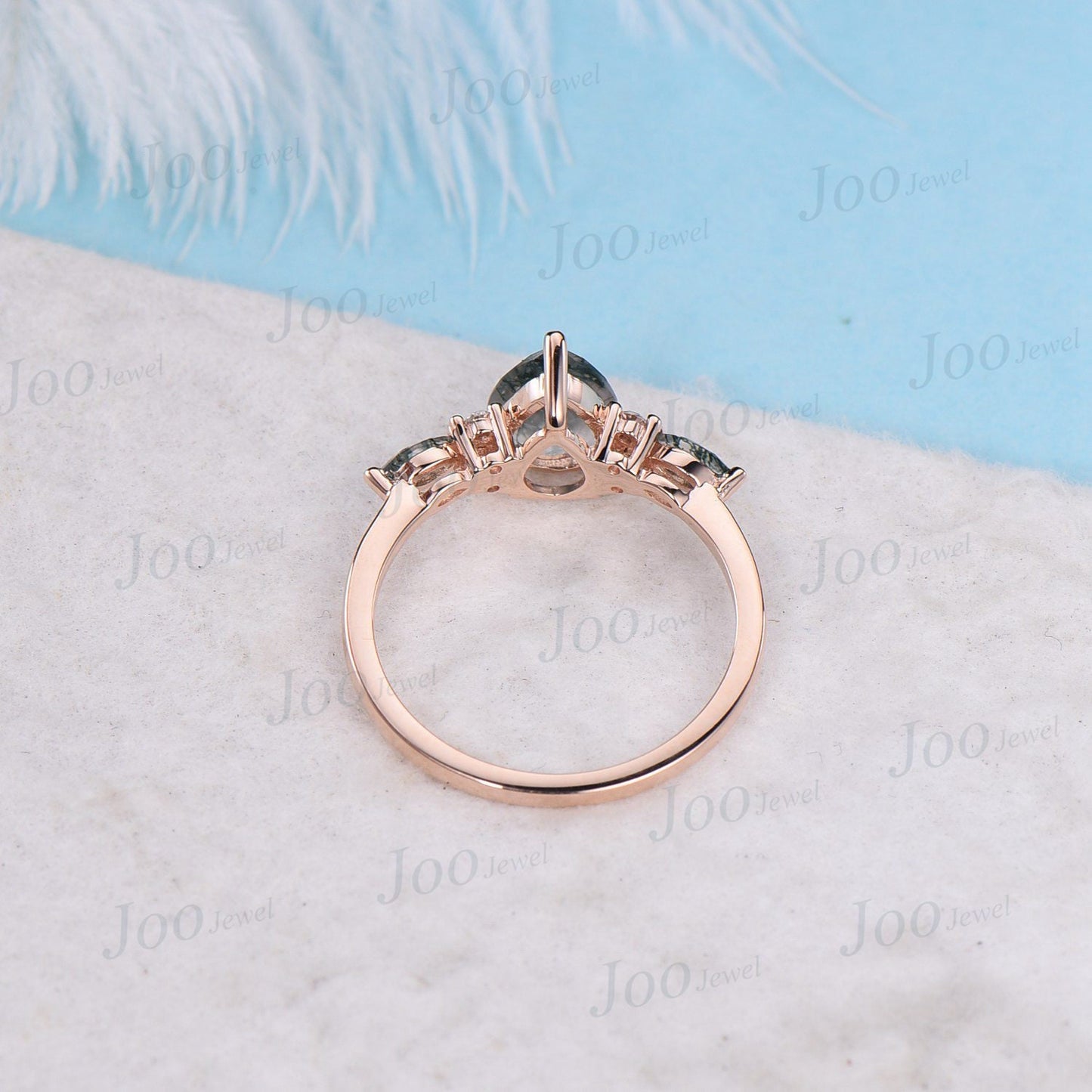 Unique 1.25ct Natural Moss Agate Ring Rose Gold Pear Cut Moss Agate Engagement Ring Green Agate Promise Ring Moissanite Wedding Ring Women