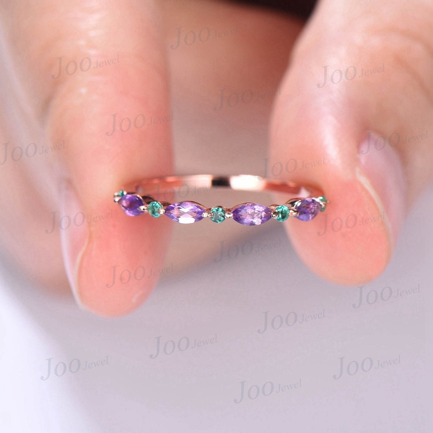 10K/14K/18K Rose Gold Marquise Natural Purple Amethyst Wedding Band February Birthstone Jewelry Emerald Ring Minimalist Crystal Wedding Ring