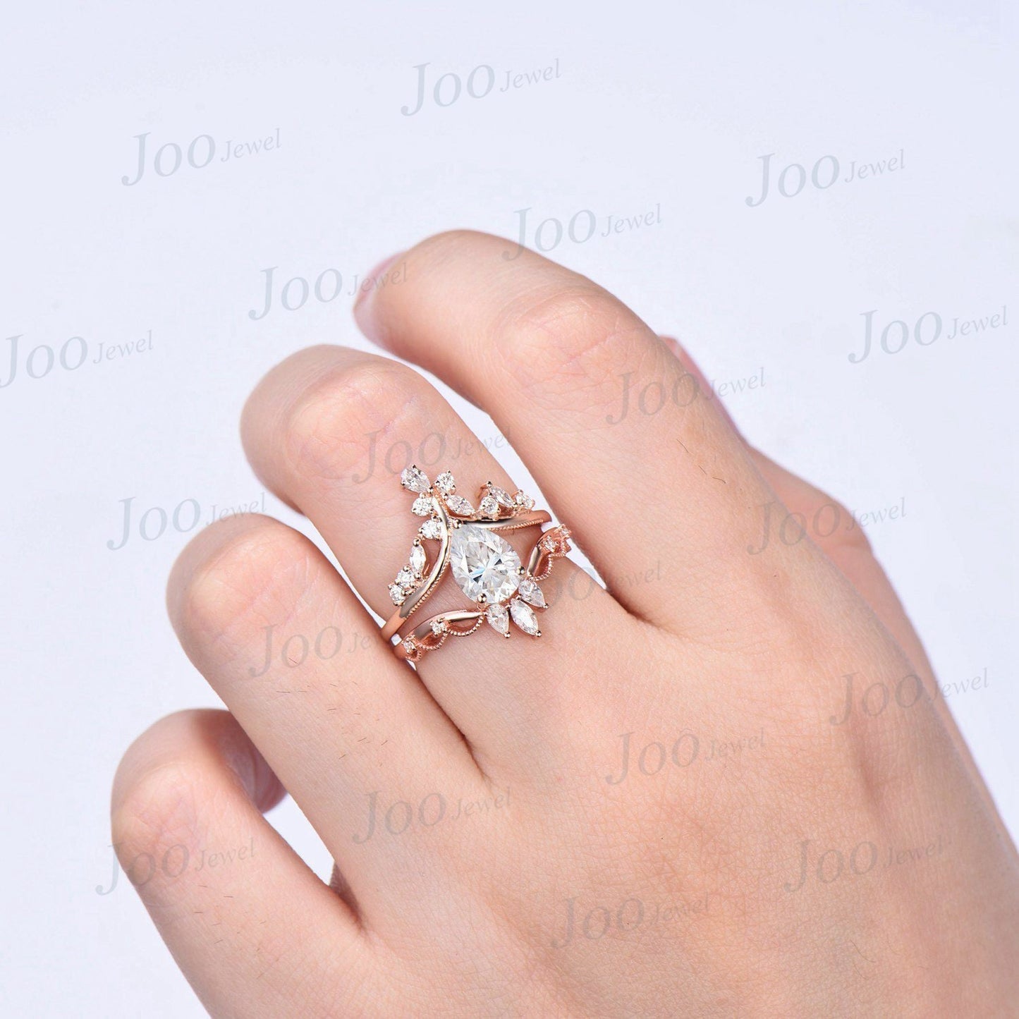 1.25ct Vintage Moissanite Engagement Ring Pear Shaped Art Deco Engagement Ring Cocktail Moissanite Rings 14K Rose Gold Wedding Bridal Set