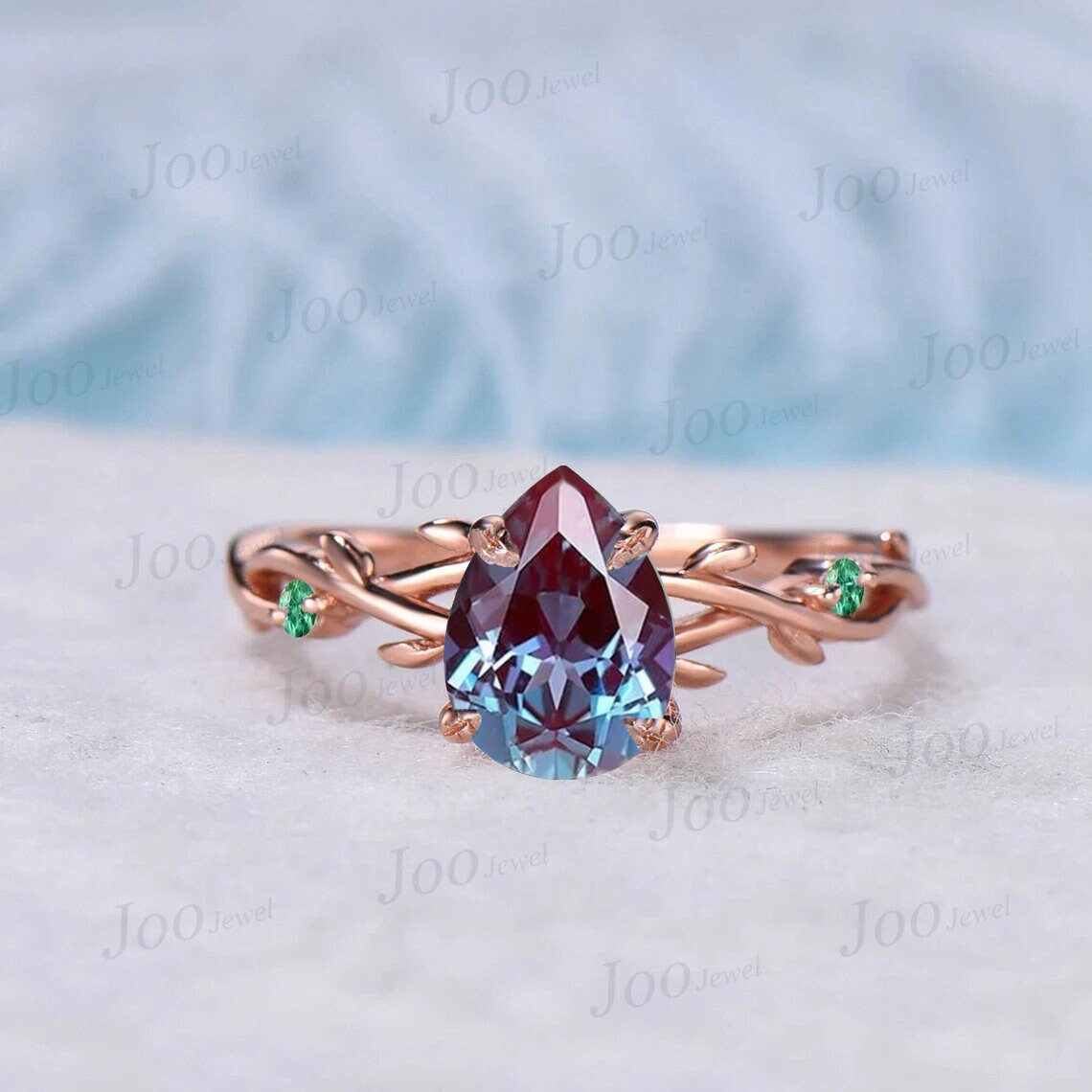 1.25ct Nature Inspired Pear Alexandrite Ring Set Twig Engagement Ring Set Green Emerald Branch Vine Moss Wedding Ring Alexandrite Bridal Set