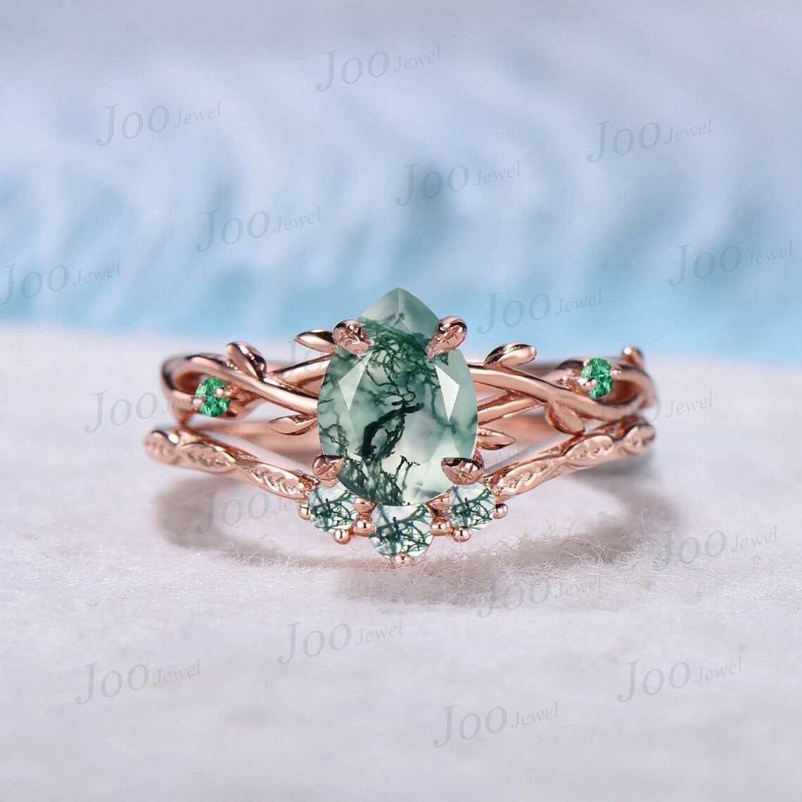 1.5ct Oval Cut Nature Inspired Twig Moss Agate Engagement Ring Set Green Gemstone Jewelry Branch Vine Green Emerald Moss Agate Bridal Set