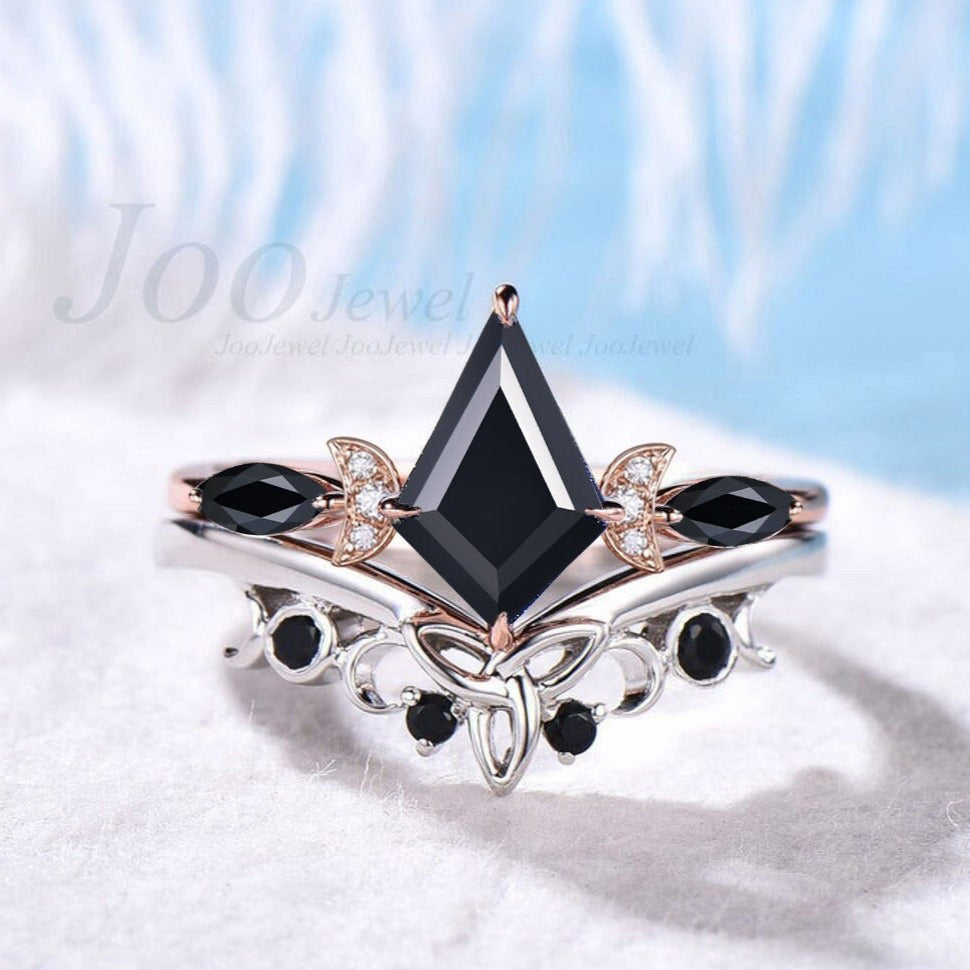 Kite Cut Natural Black Onyx Celestial Engagement Ring Set Triple Moon Goddess Ring Black Bridal Set Celtic Knot Irish Ring Moon Phase Ring