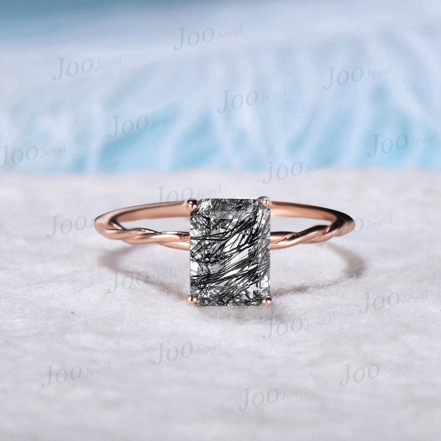 Emerald Cut Solitaire Wedding Ring 10K Rose Gold Natural Black Rutilated Quartz Engagement Ring Twist Band Crystal Ring Unique Promise Ring