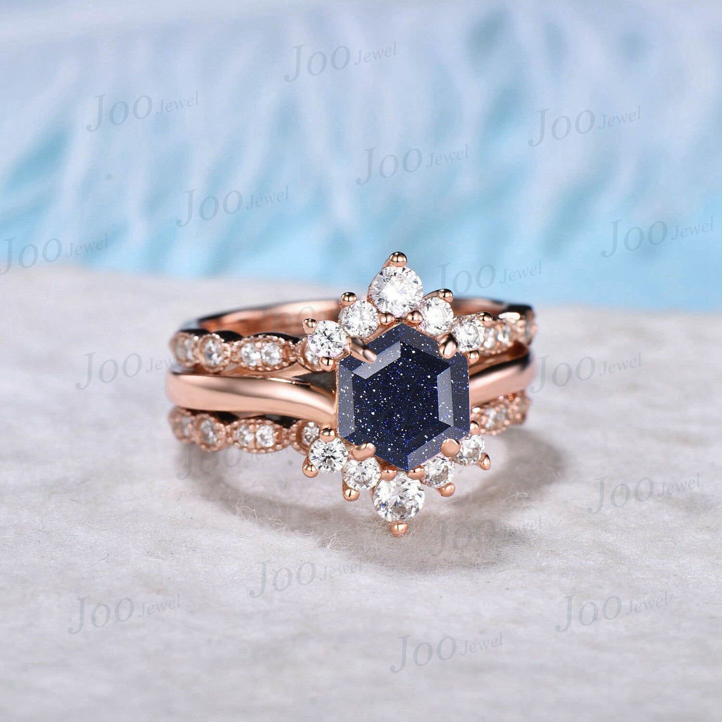 3pc Starry Sky Blue Sandstone Cluster Bridal Set Hexagon Cut Blue Goldstone Solitaire Engagement Ring Milgrain Moissanite Open Wedding Band