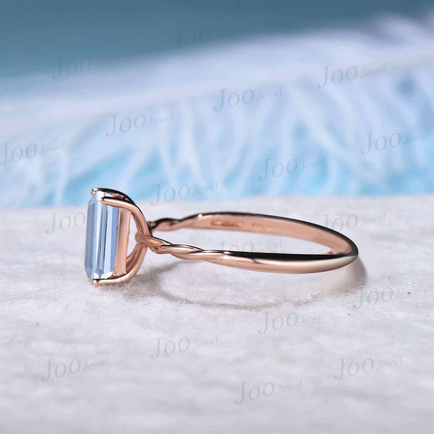 2ct Emerald Cut 10K Rose Gold Blue Aquamarine Solitaire Ring March Birthstone Wedding Ring Twist Band Ring Unique Anniversary/Promise Ring