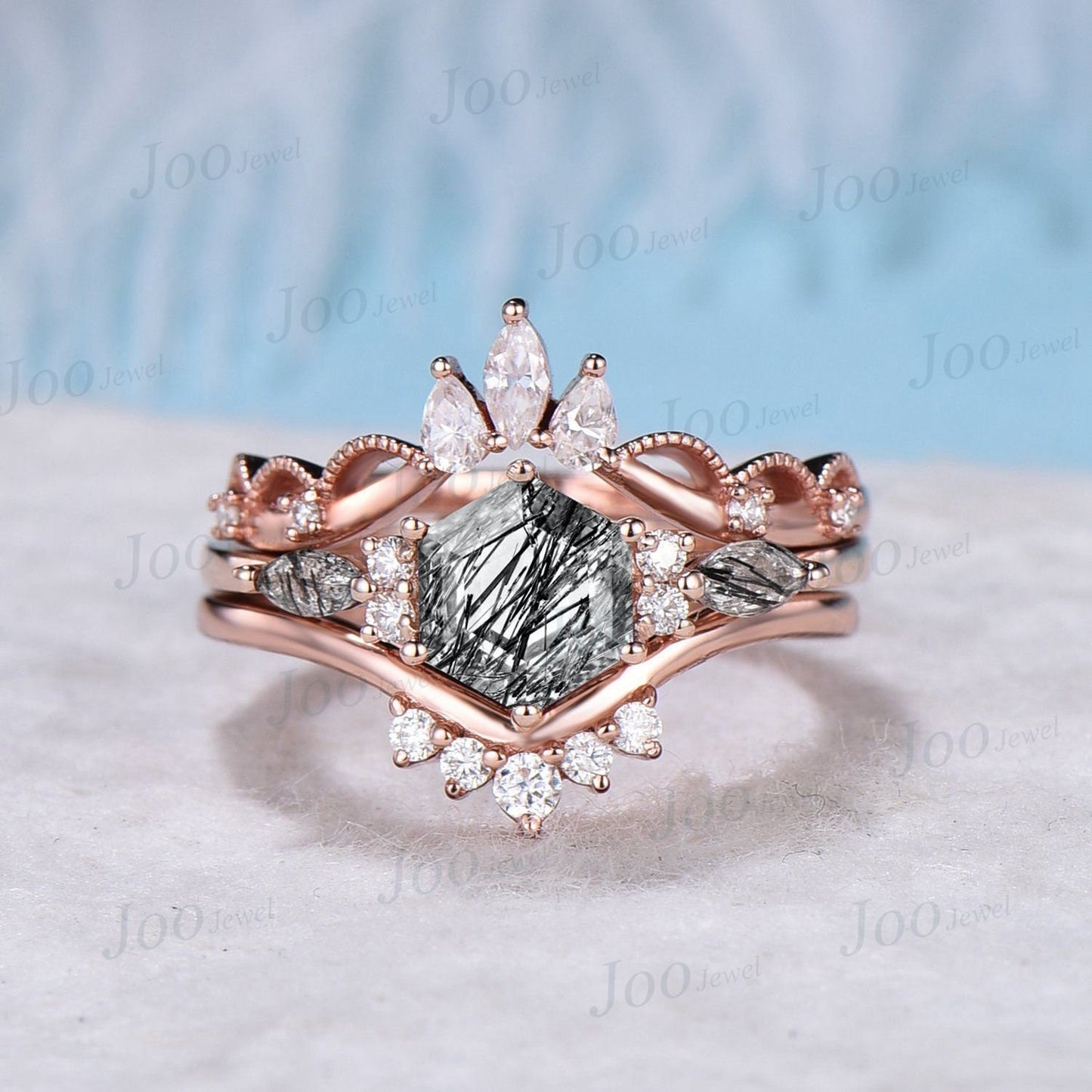 3pcs Hexagon Cut Black Rutilated Quartz Engagement Ring Set Vintage 1ct 10K Rose Gold Black Rutile Crystal Ring Unique Wedding Gift Women