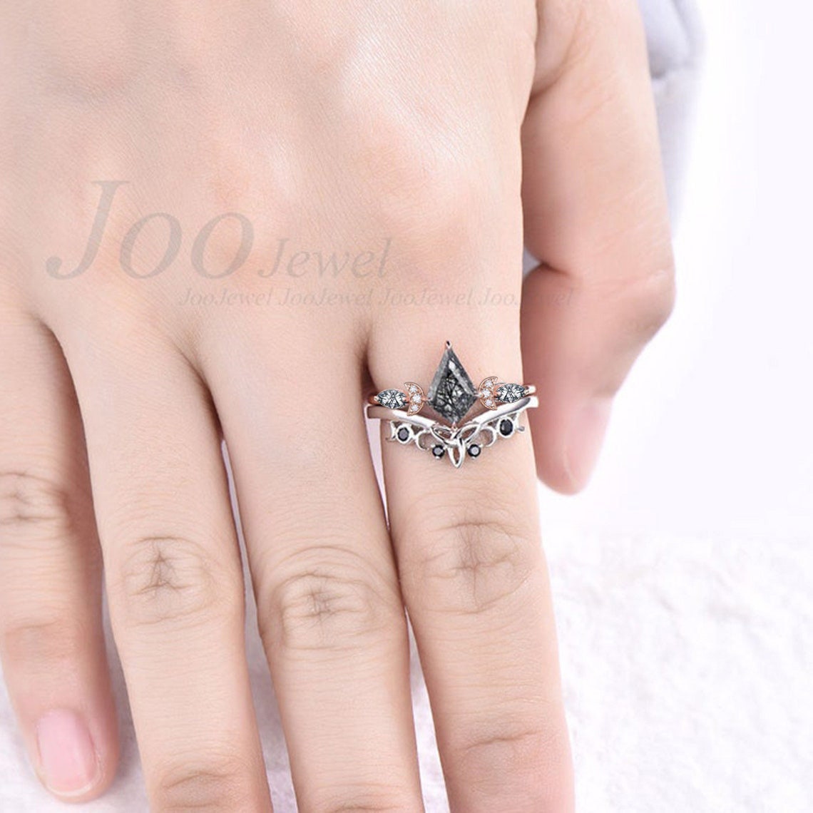 Celestial Engagement Ring Triple Moon Goddess Natural Black Rutilated Quartz Ring Rose Gold Kite Black Wedding Bridal Set Moon Phase Ring